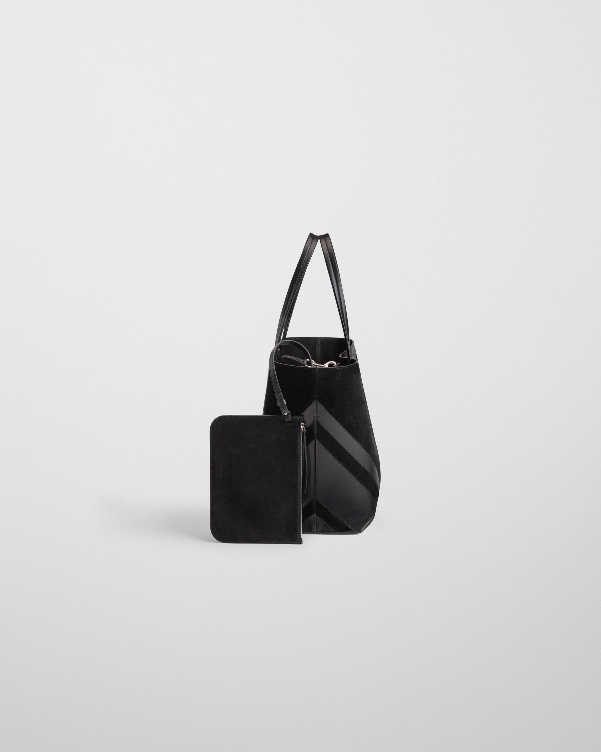 Side view of POT CABAS BAG in black suede leather with internal pocket