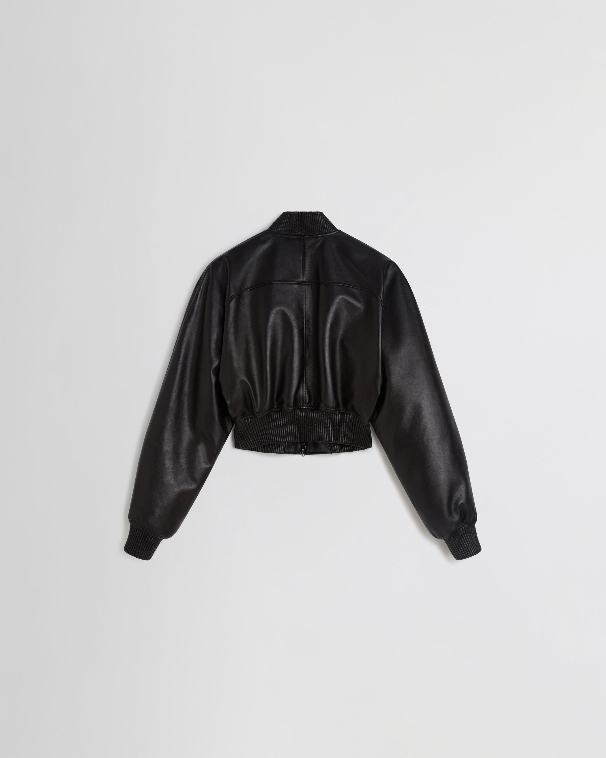 Flat back view of SHRUNK BOMBER in black leather