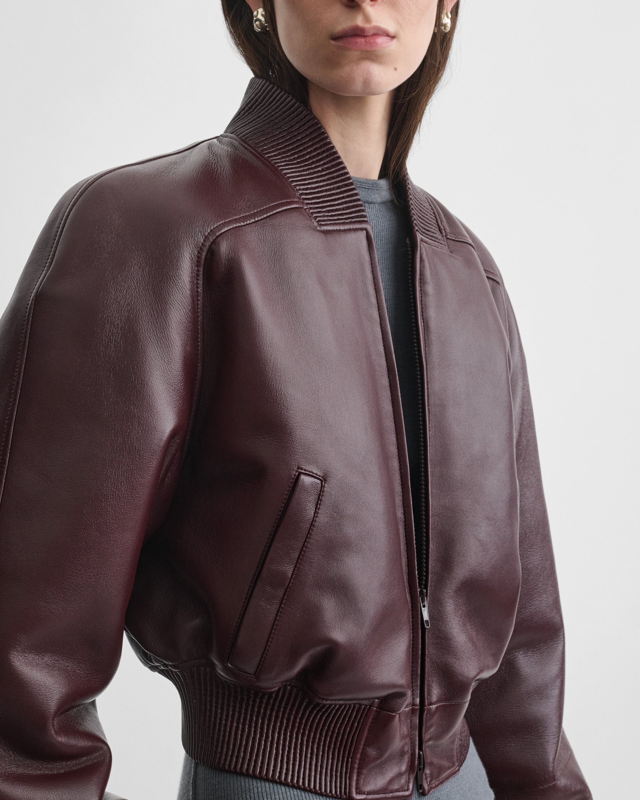 View of SHRUNK BOMBER in merlot leather