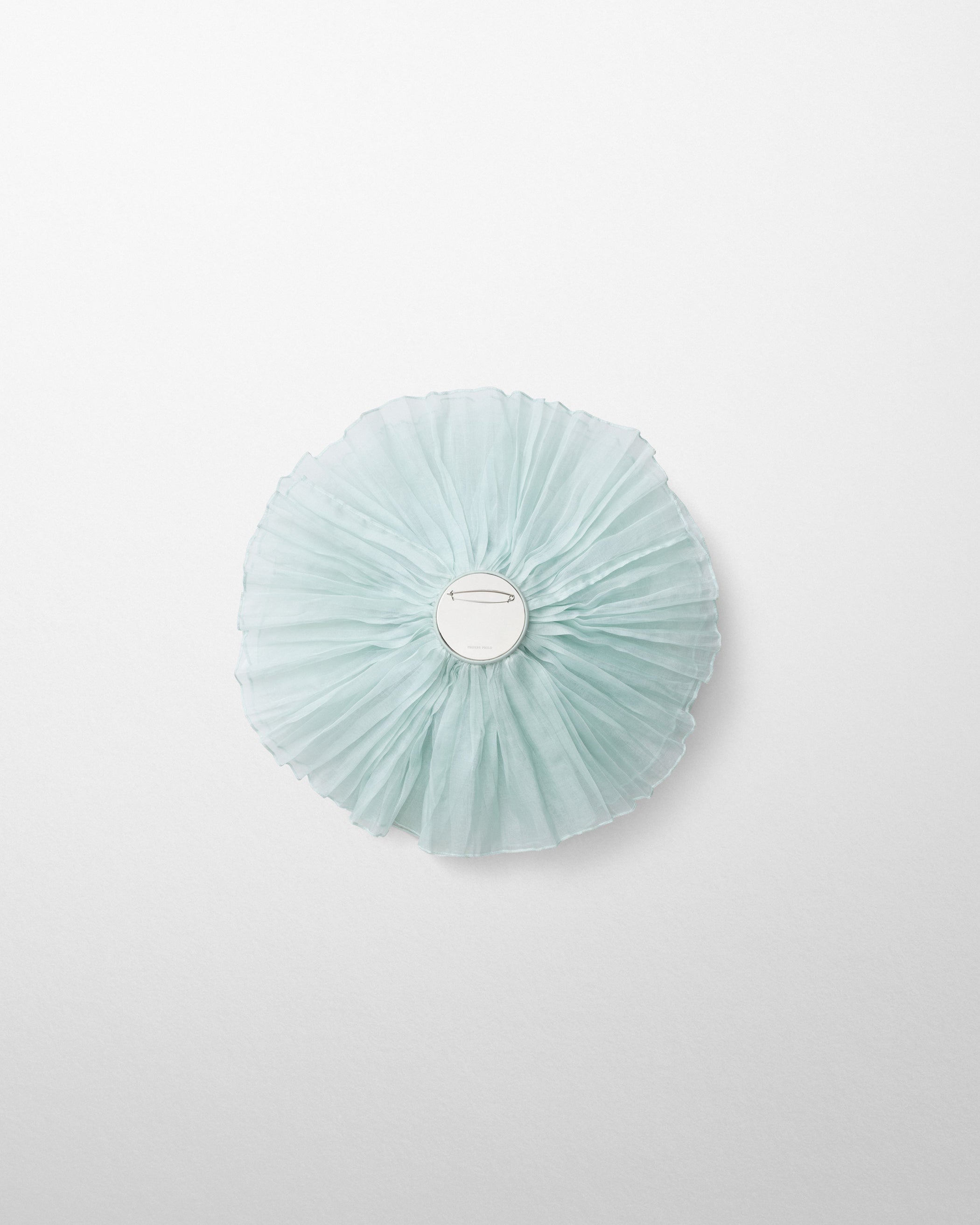 Flat back view of FULL BLOOM BROOCH in hazy blue silk