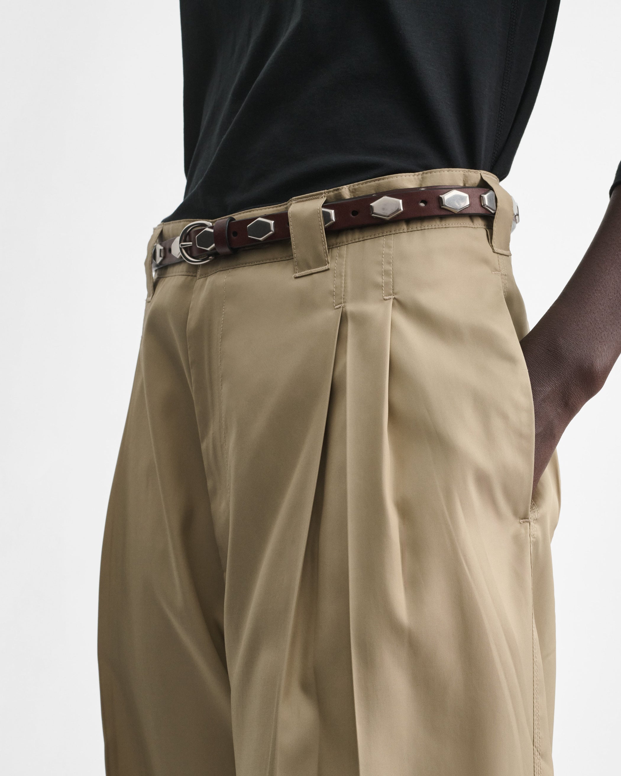 View of chino trousers in trench poly-twill