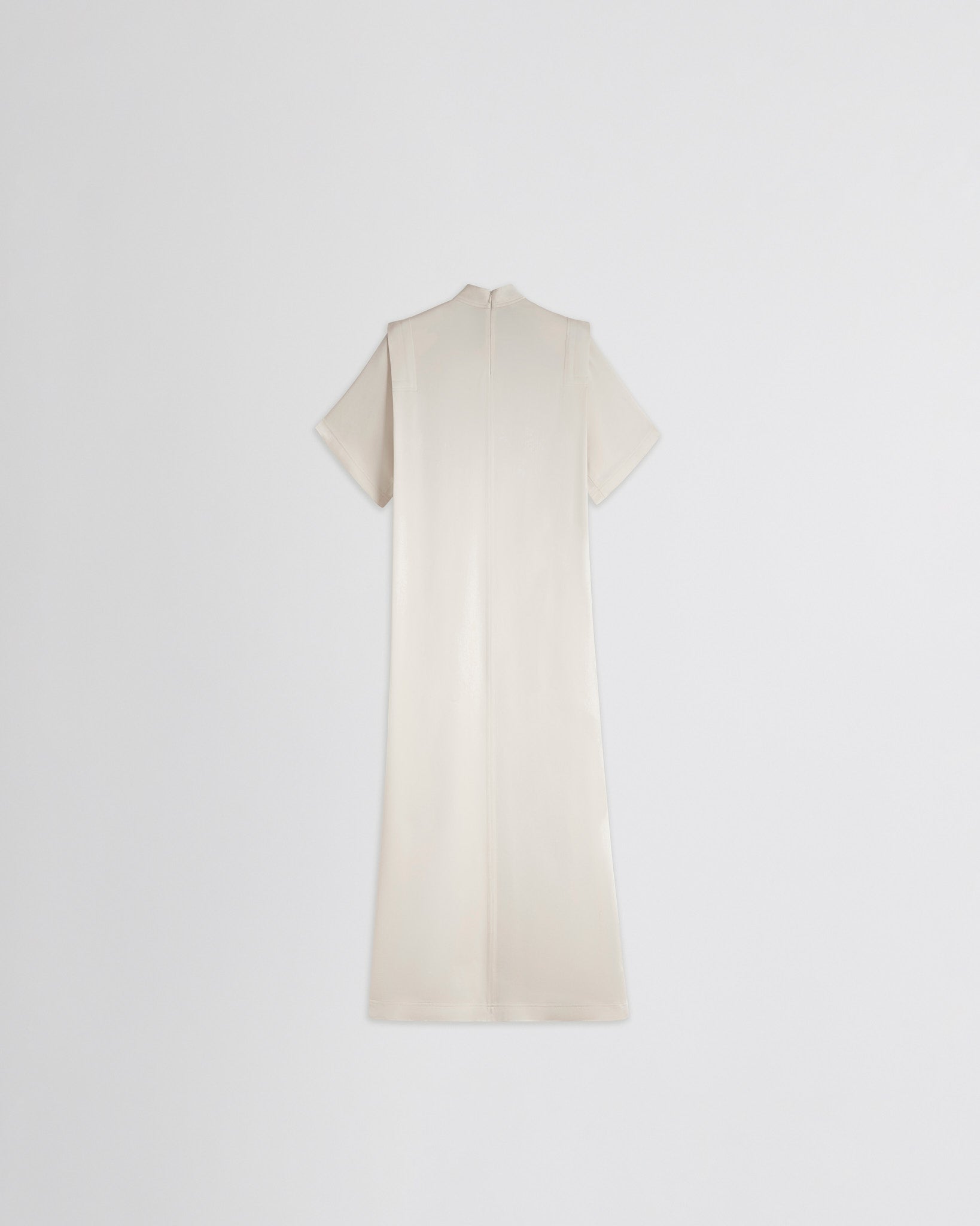 Flat back view of folded shoulder dress in vanilla satin back crepe