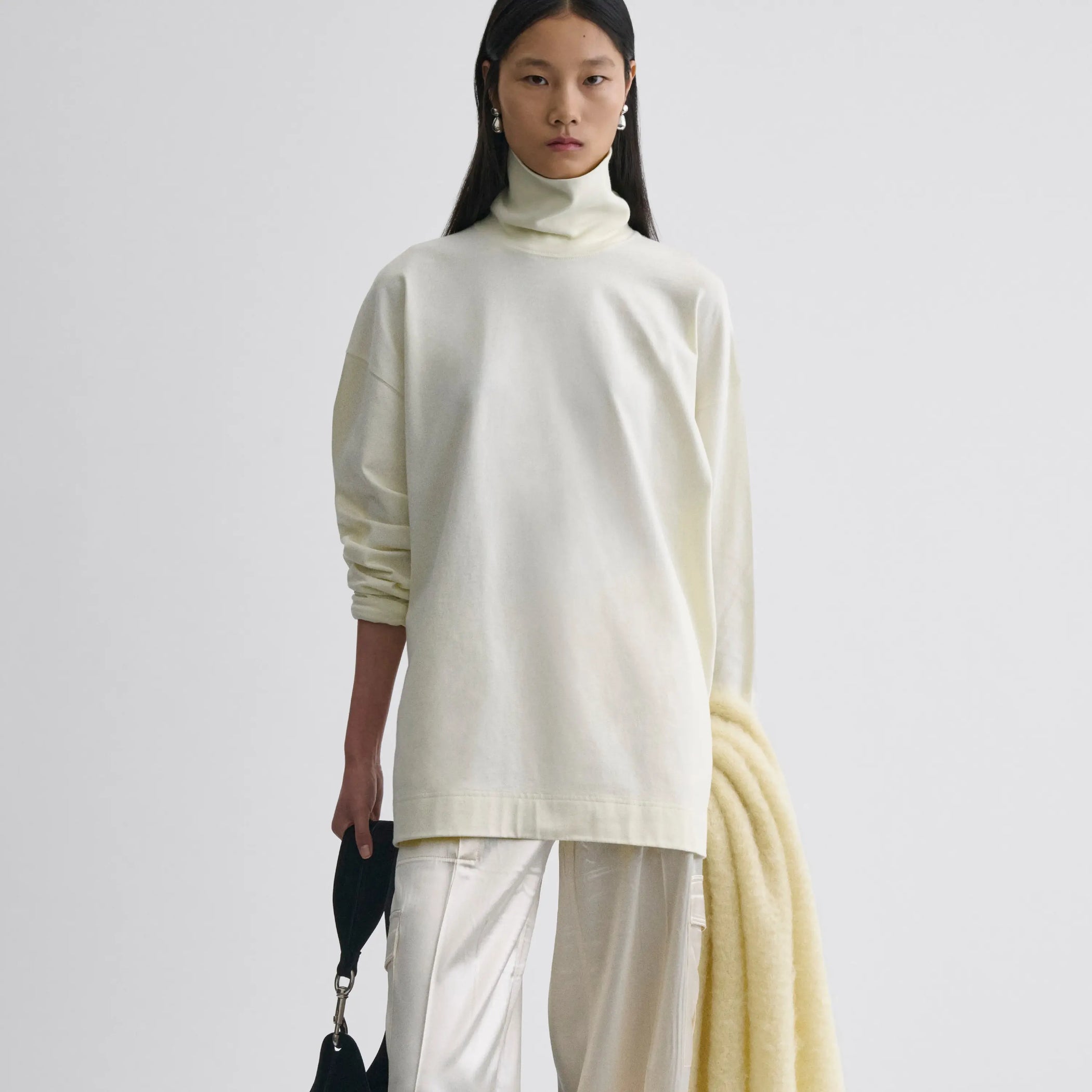 Front view of relaxed long sleeve jersey in cream cotton jersey