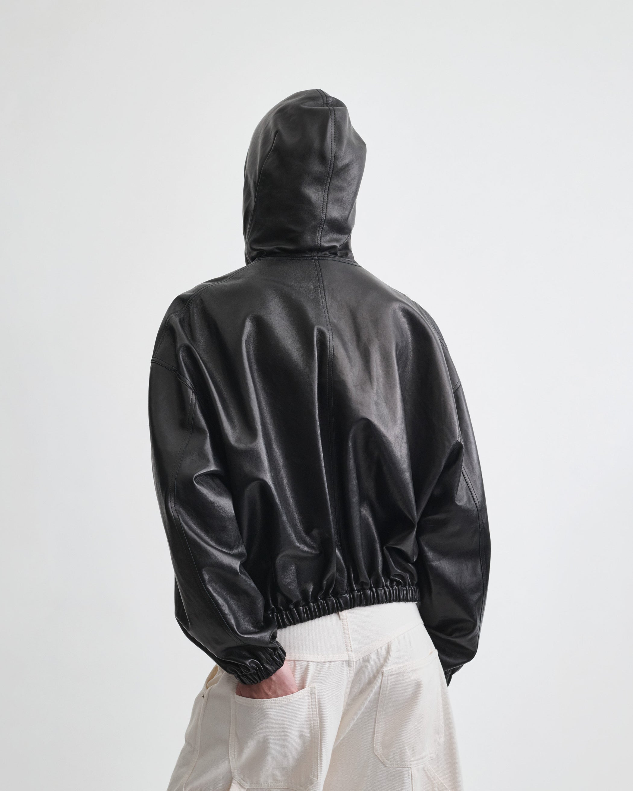View of HOODED BOMBER in black leather