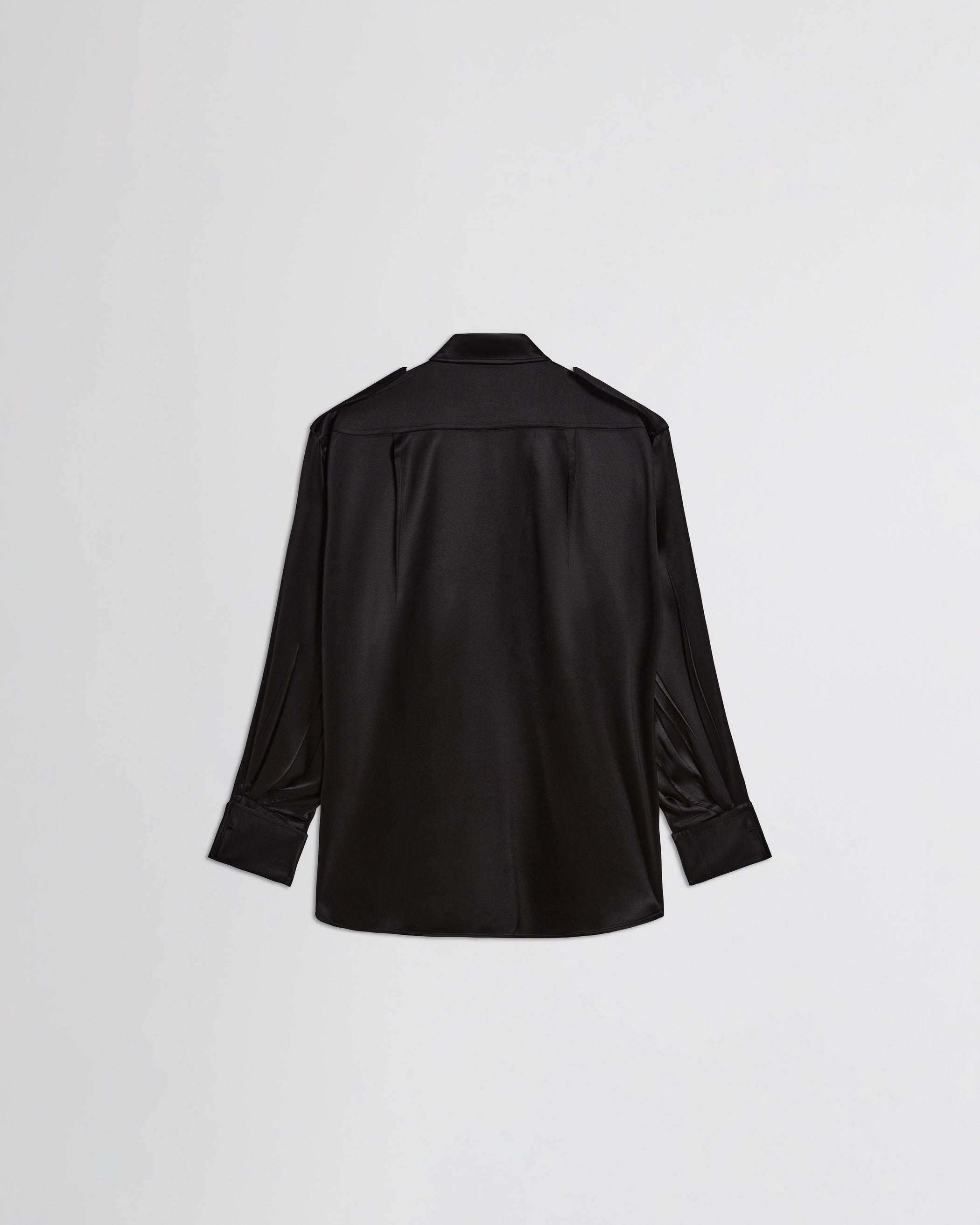 View of liquid utility shirt  in black silk satin