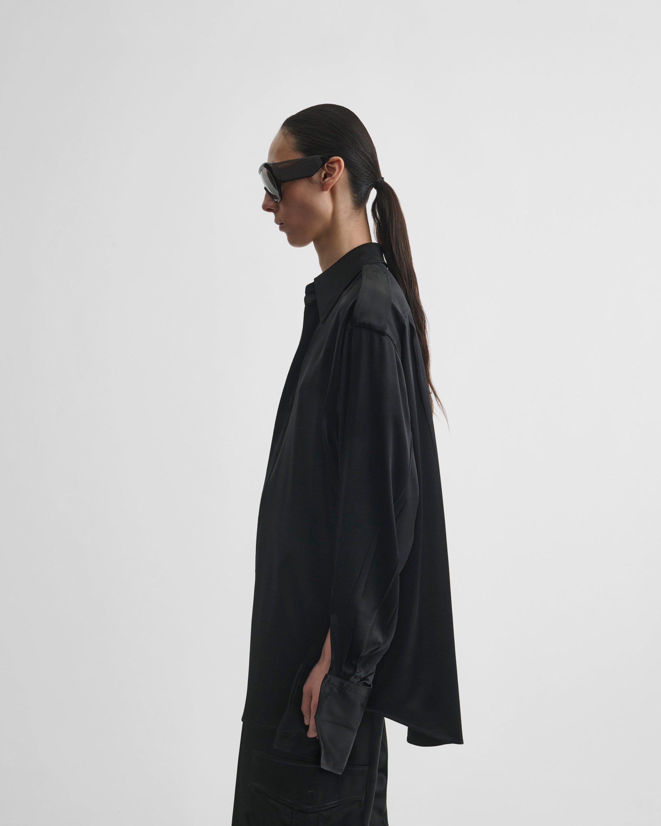 View of liquid utility shirt  in black silk satin