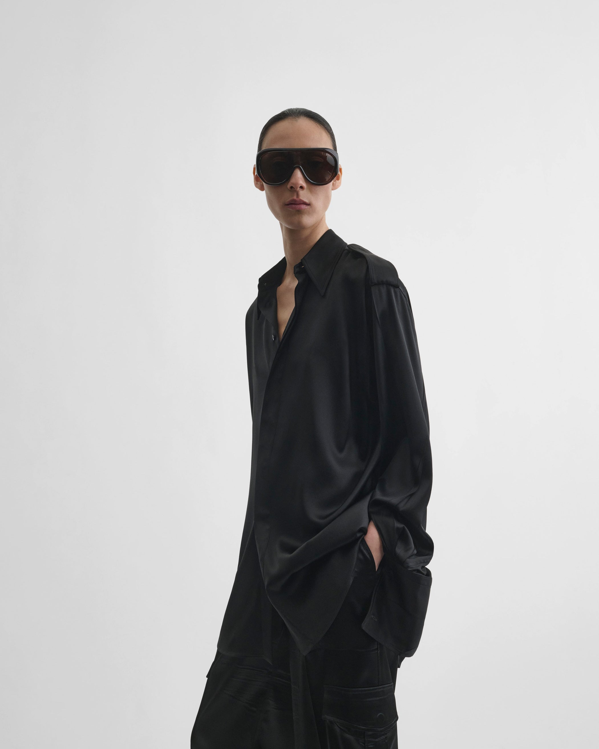 View of liquid utility shirt  in black silk satin