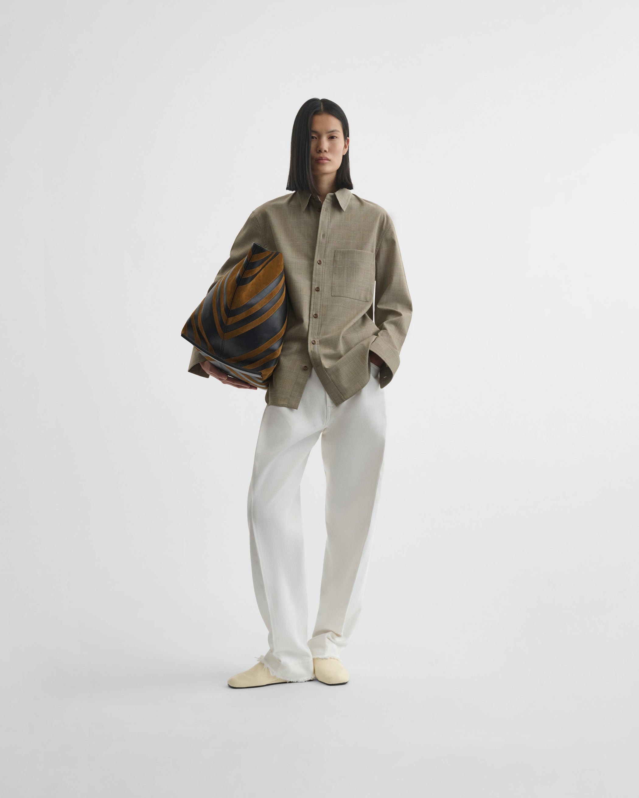 View of classic shirt in brown-beige wool