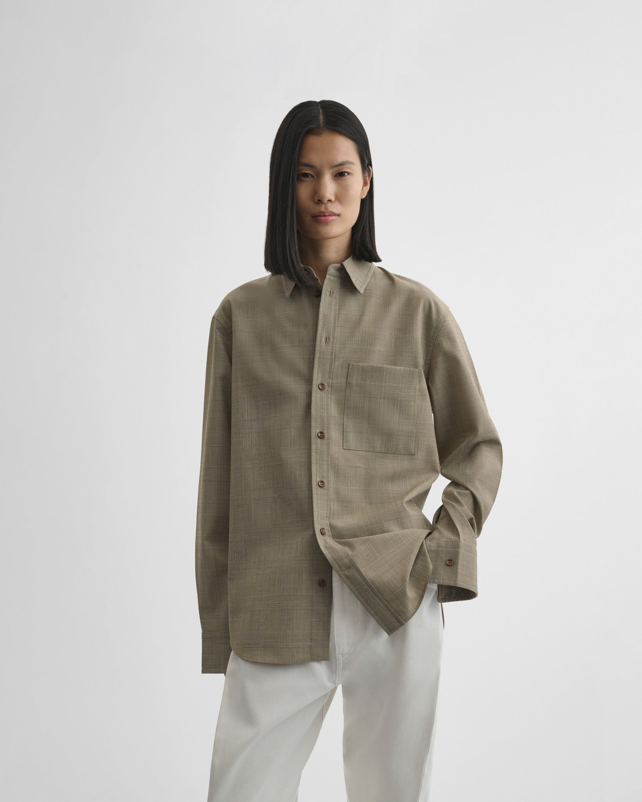 View of classic shirt in brown-beige wool