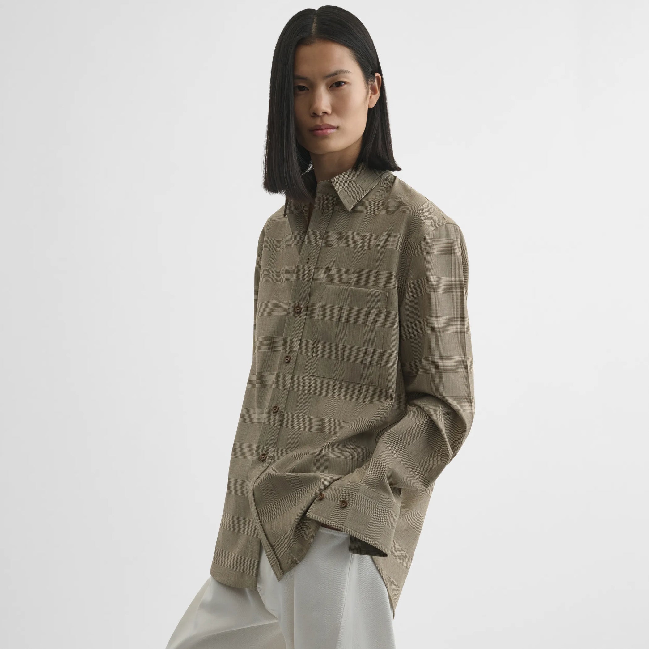 Side view of classic shirt in brown-beige wool