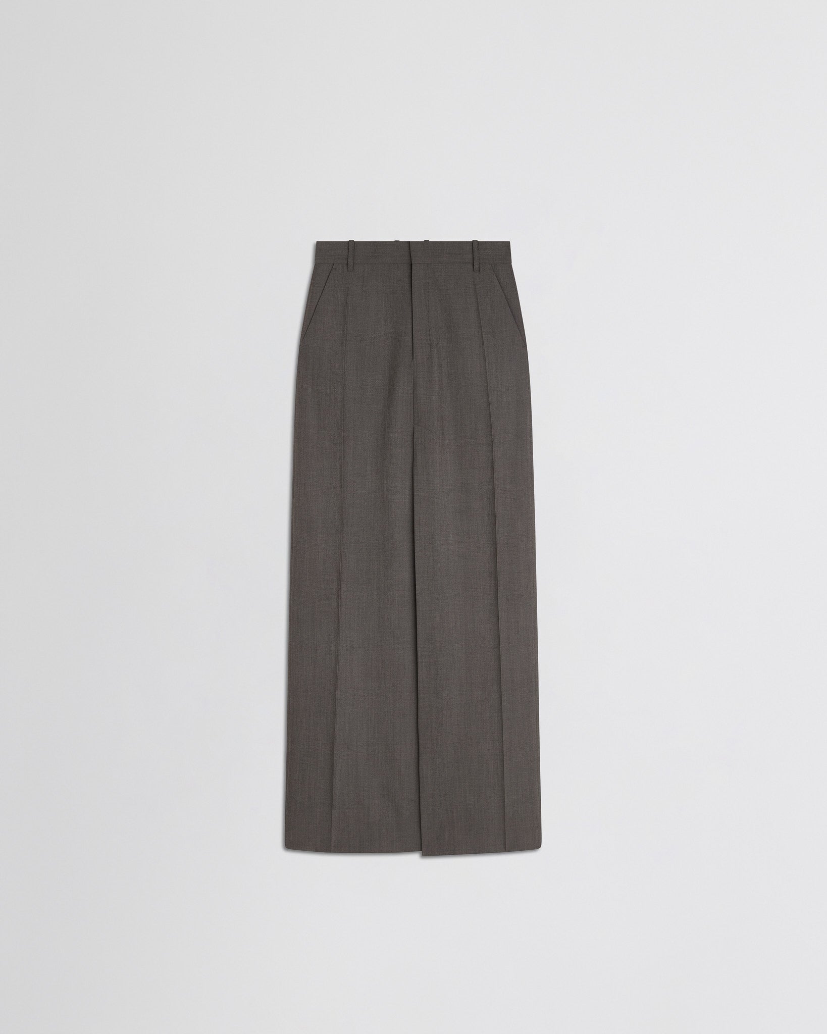 Flat front view of double slit tailored skirt in dark taupe wool