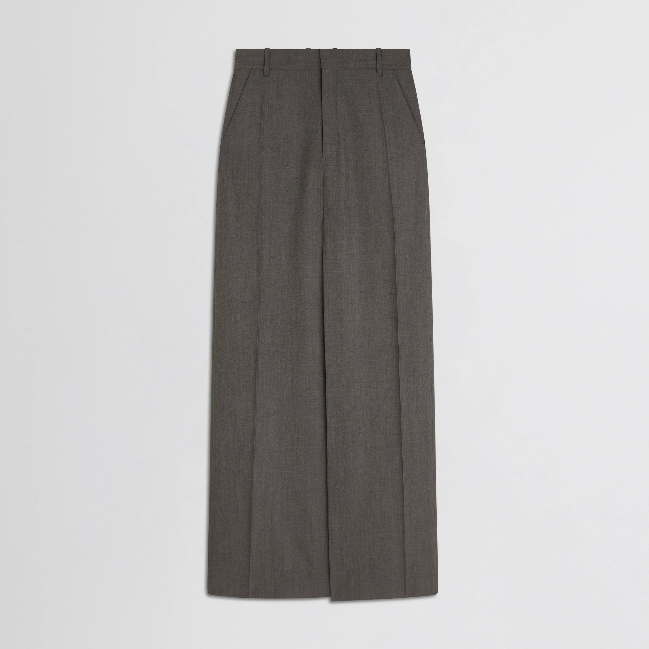Flat front view of double slit tailored skirt in dark taupe wool.