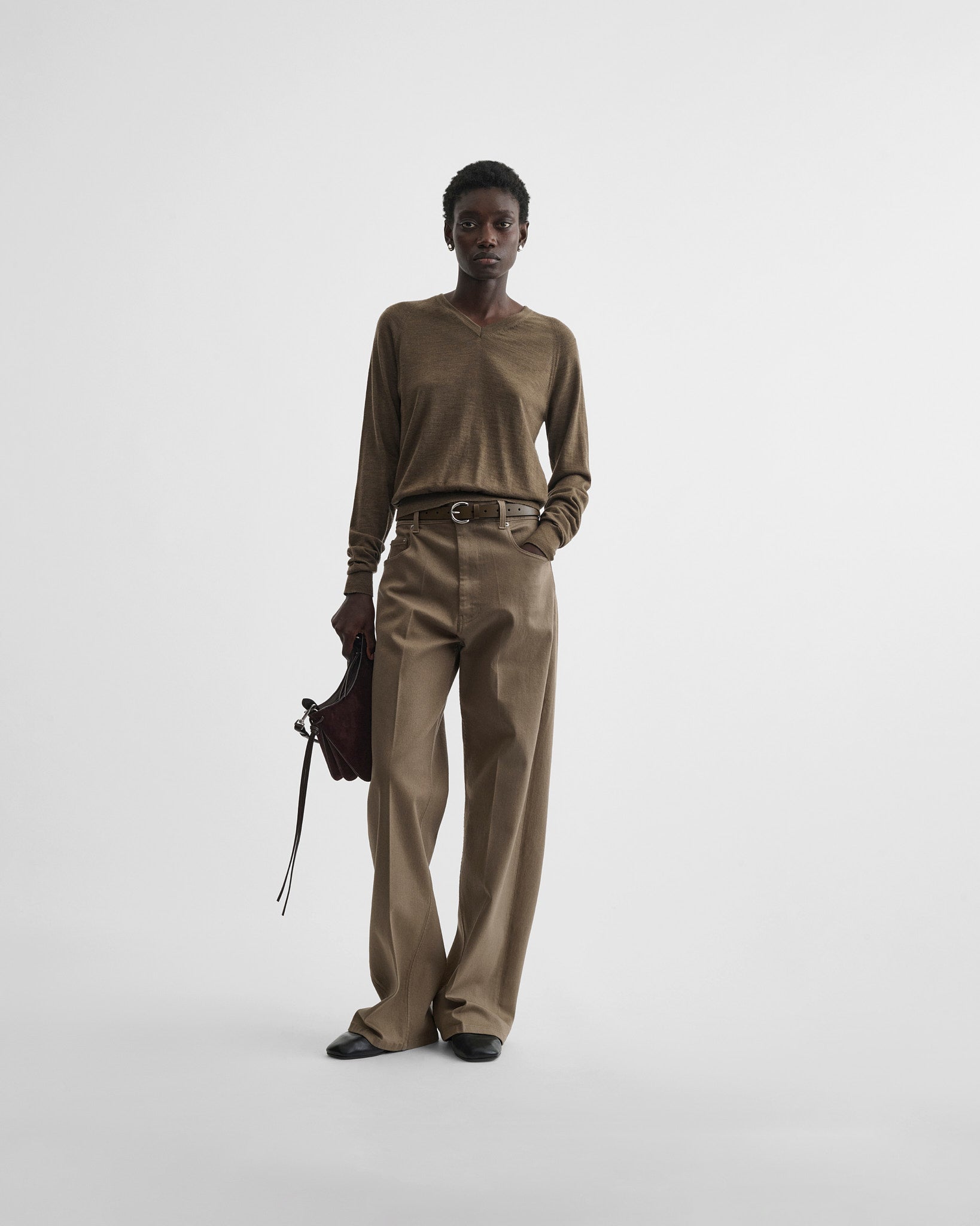 Front view of shrunk v-neck in taupe wool