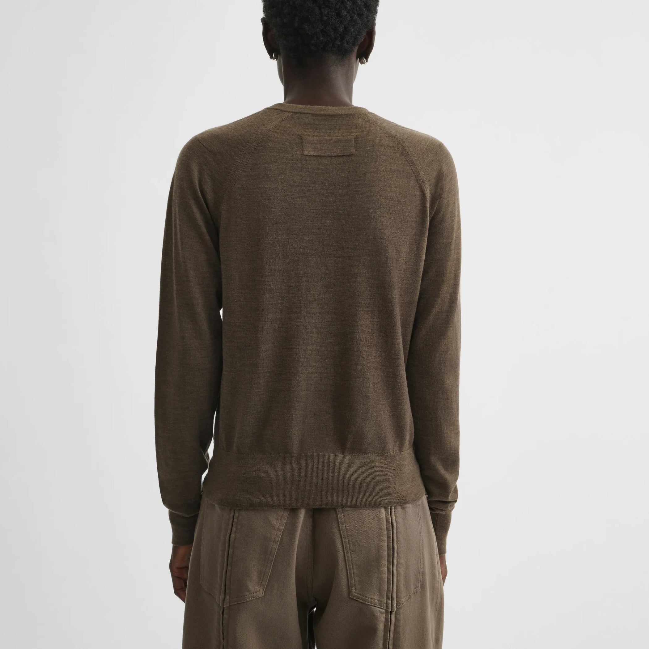 Back view of shrunk v-neck in taupe wool