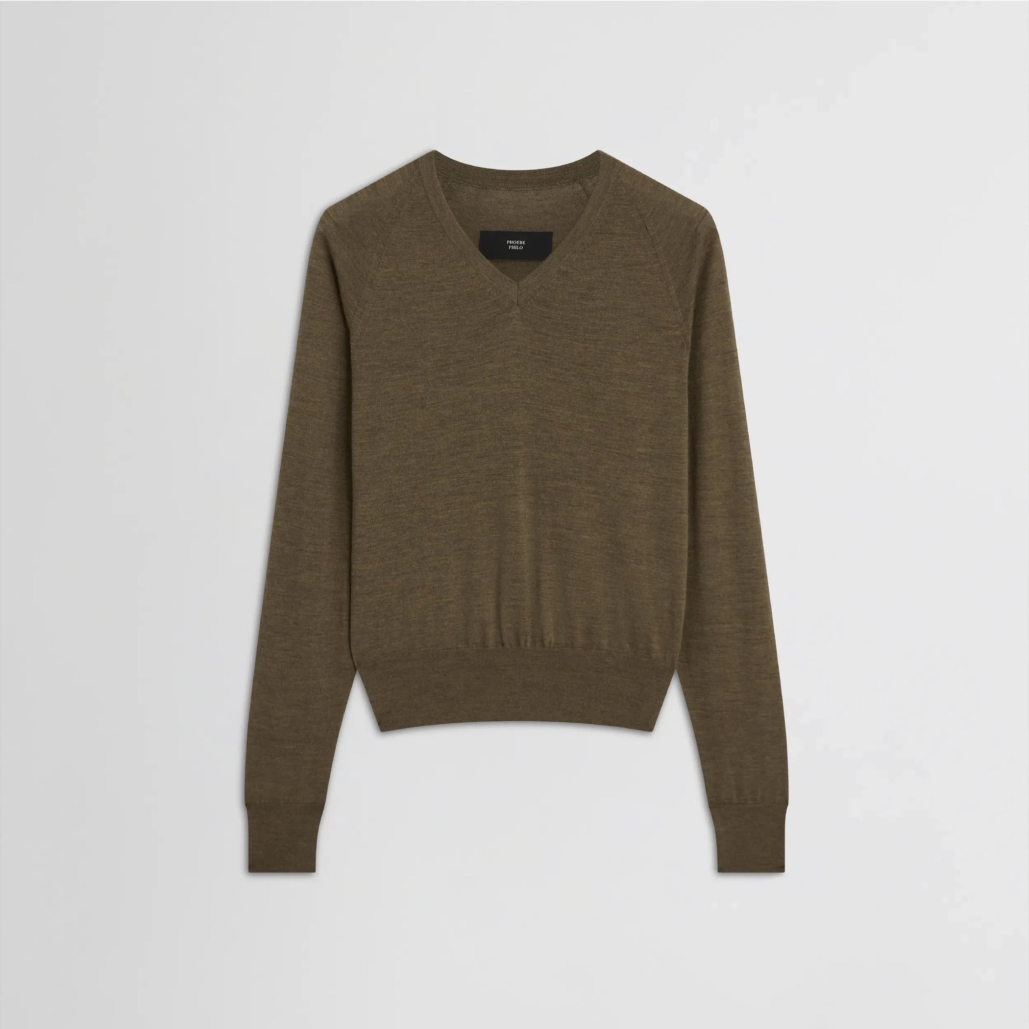 Flat front view of shrunk v-neck in taupe wool