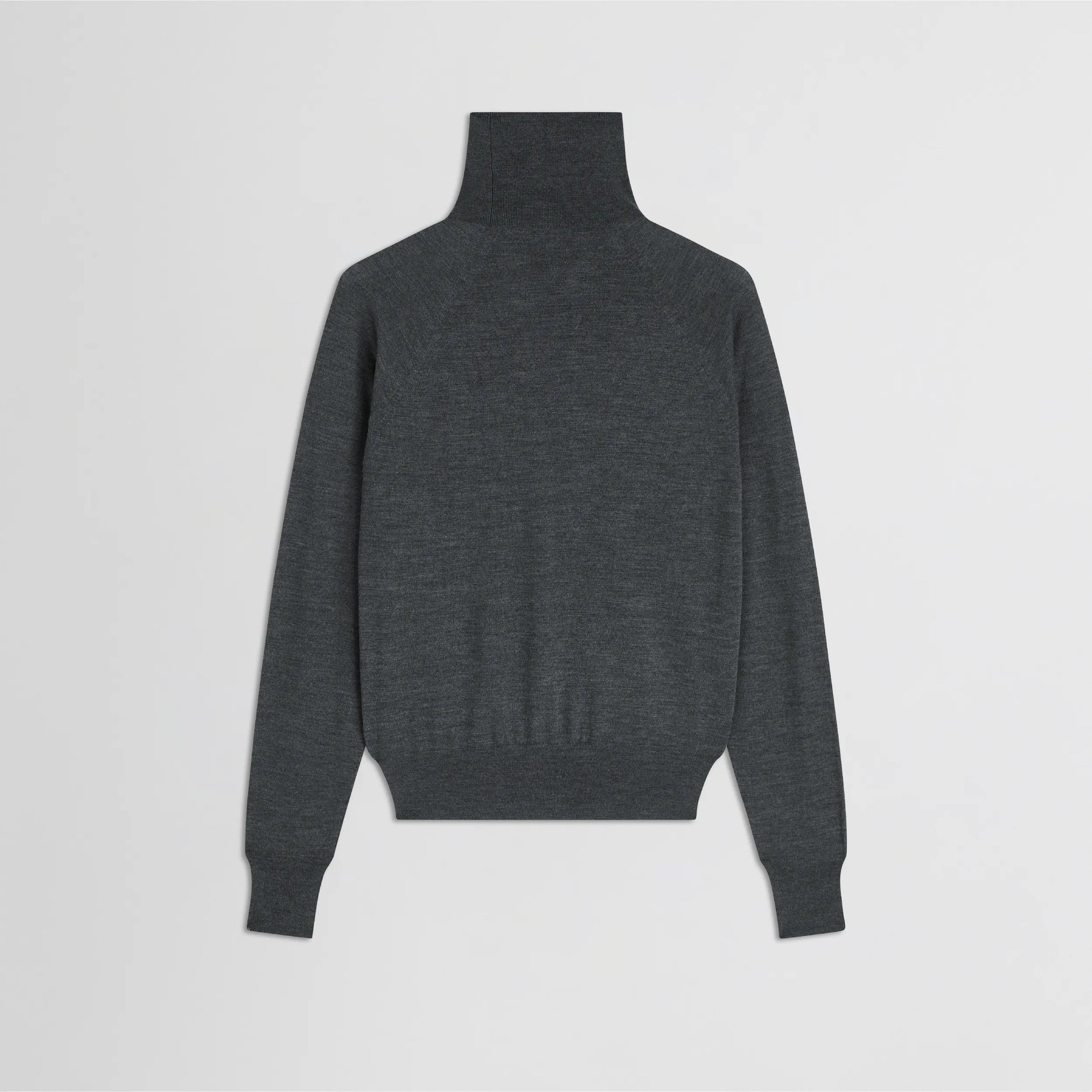 Flat back view of high neck jumper in anthracite-melange wool