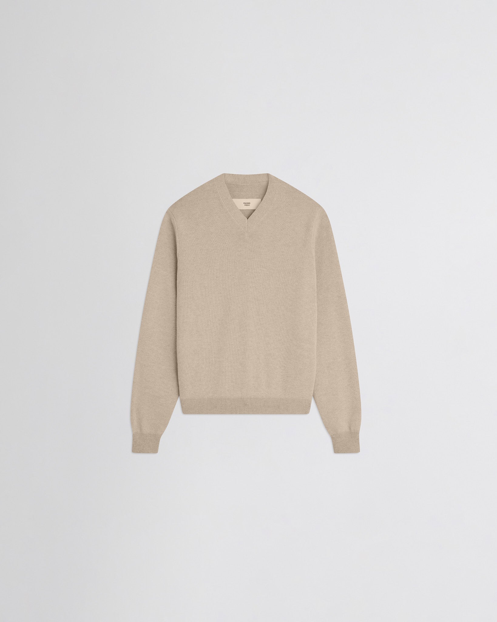 Flat front view of easy v-neck sweater in beige wool cashmere