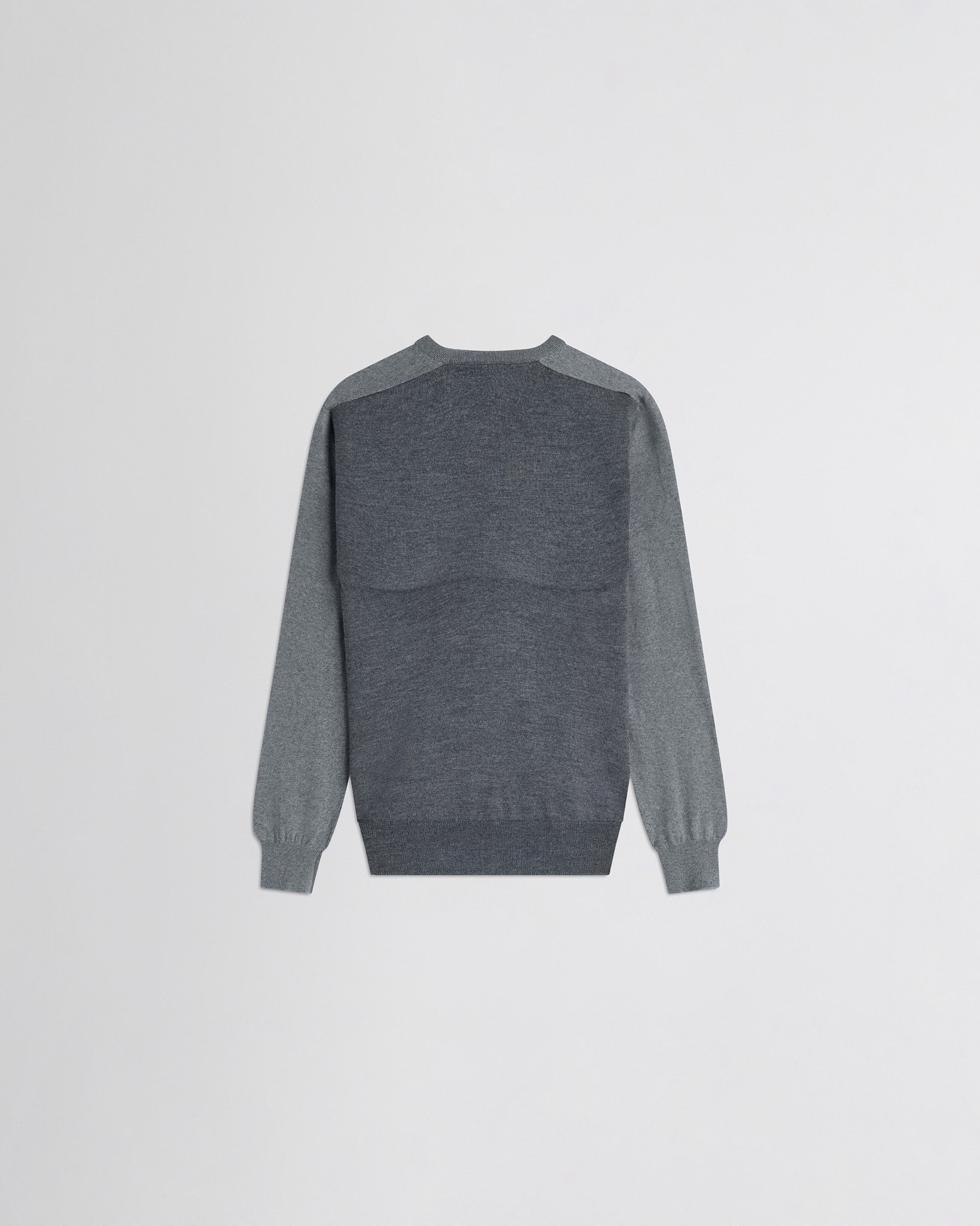 Flat back view of backed v-neck sweater in light grey wool.