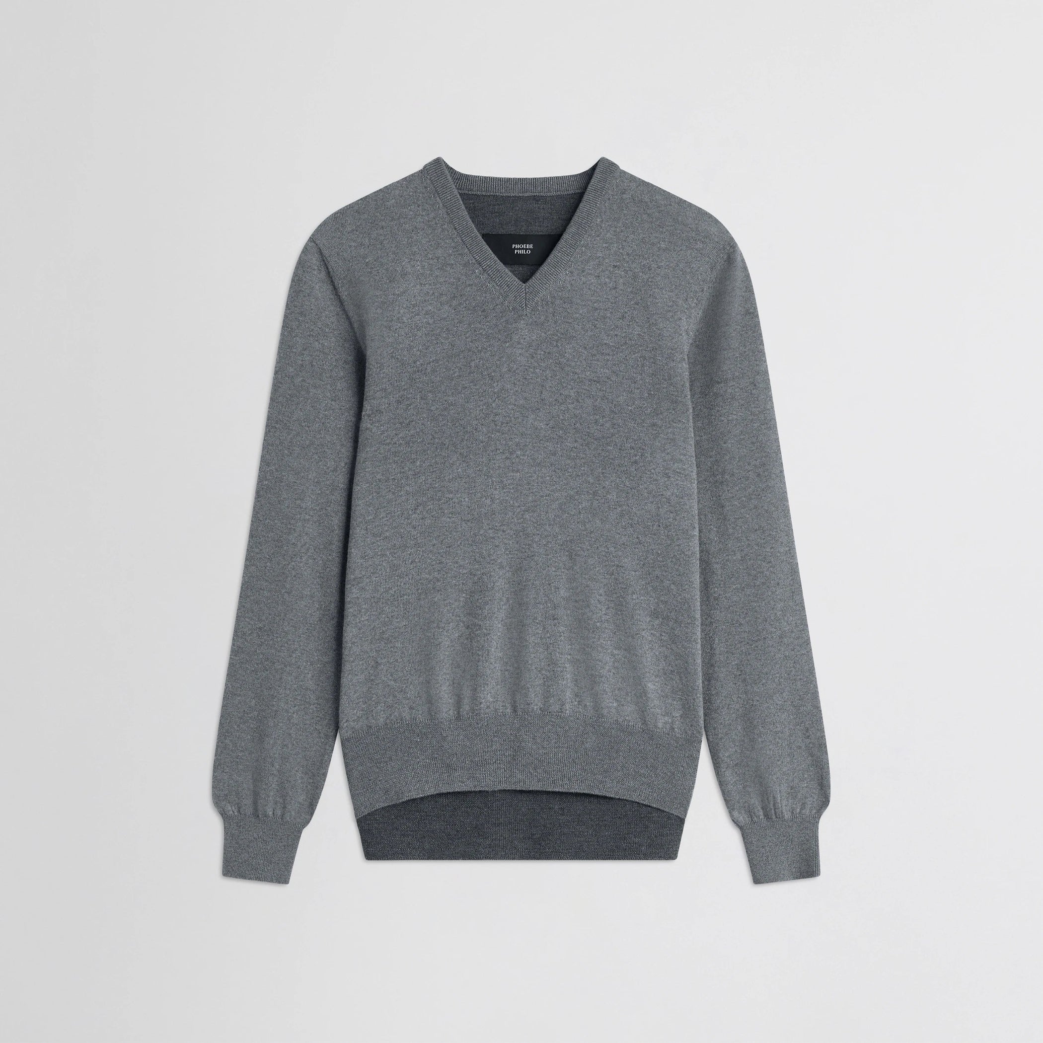 Flat front view of backed v-neck sweater in light grey wool.