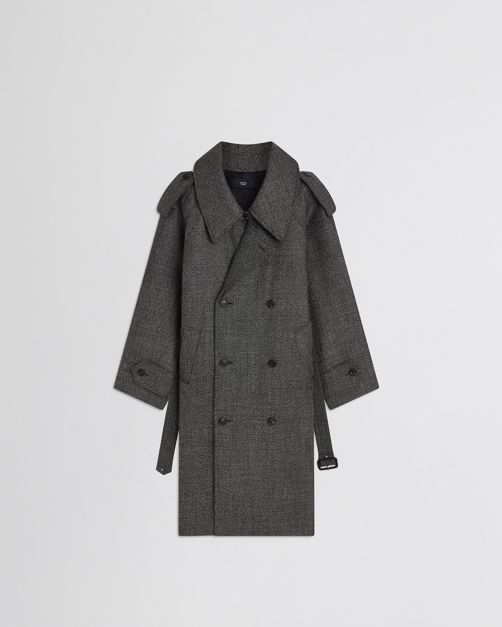 Flat front view of padded trench coat in salt and pepper wool.