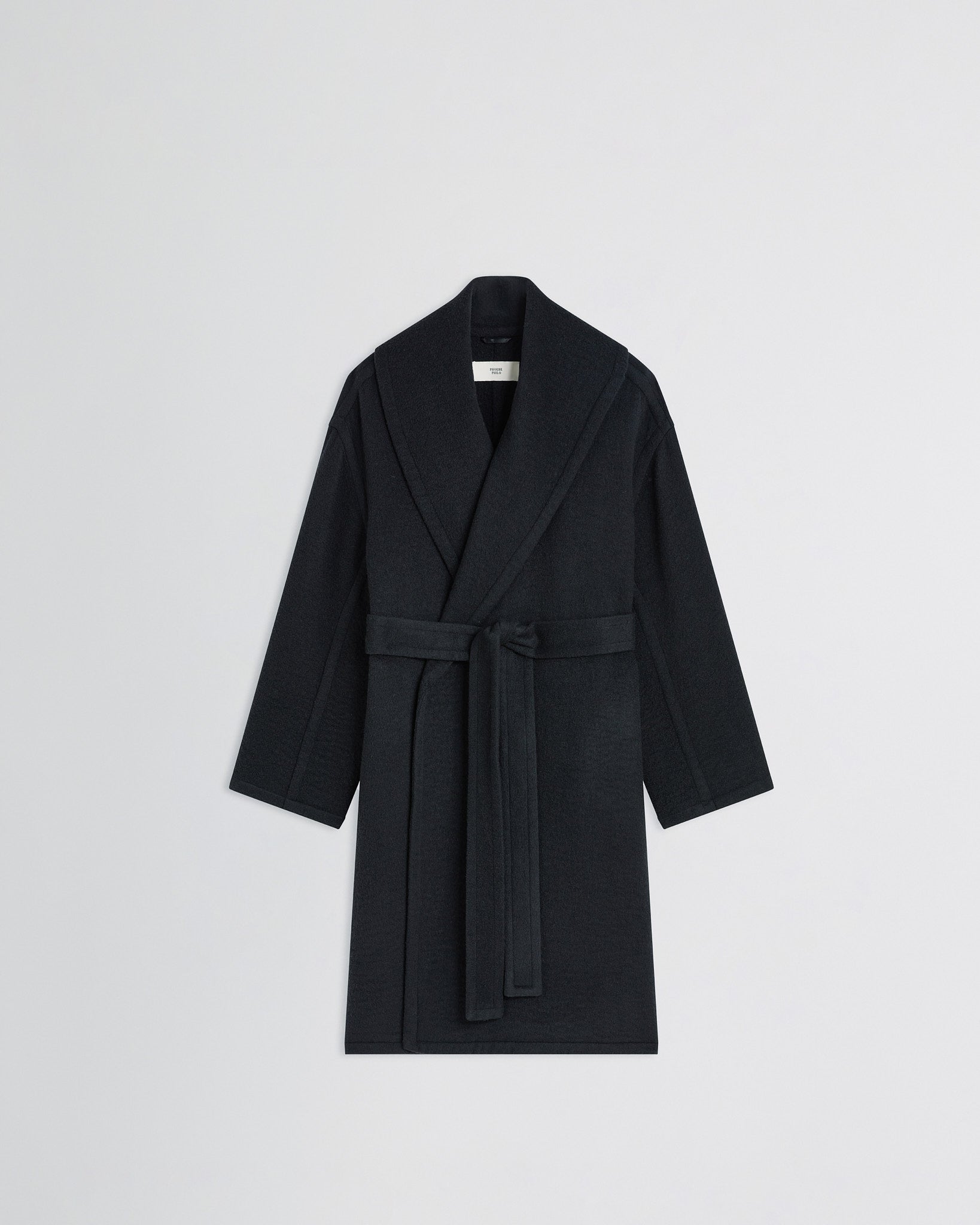 Flat front view of ROBE COAT in black cashmere