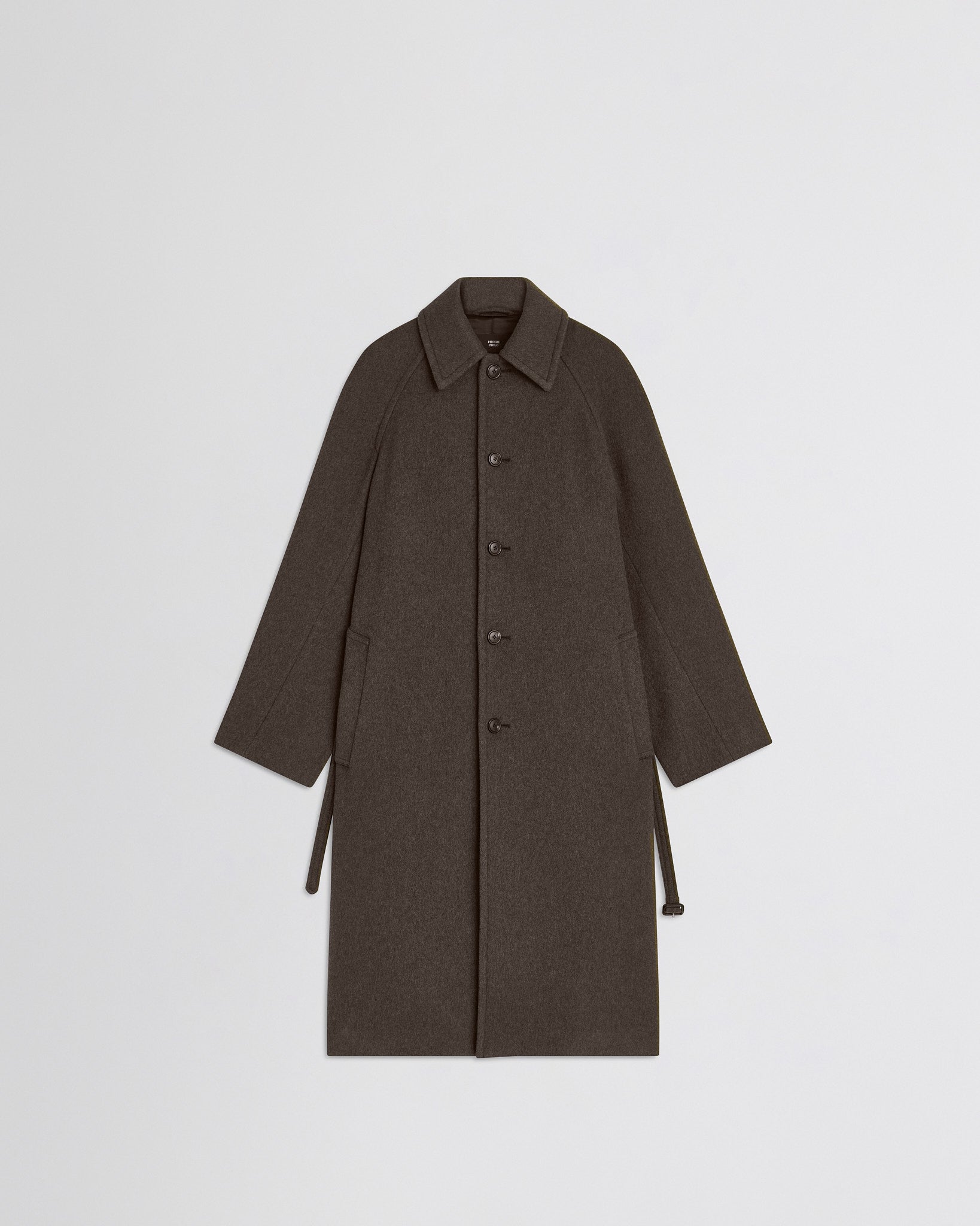 Flat front view of curve shoulder coat in brown cashmere