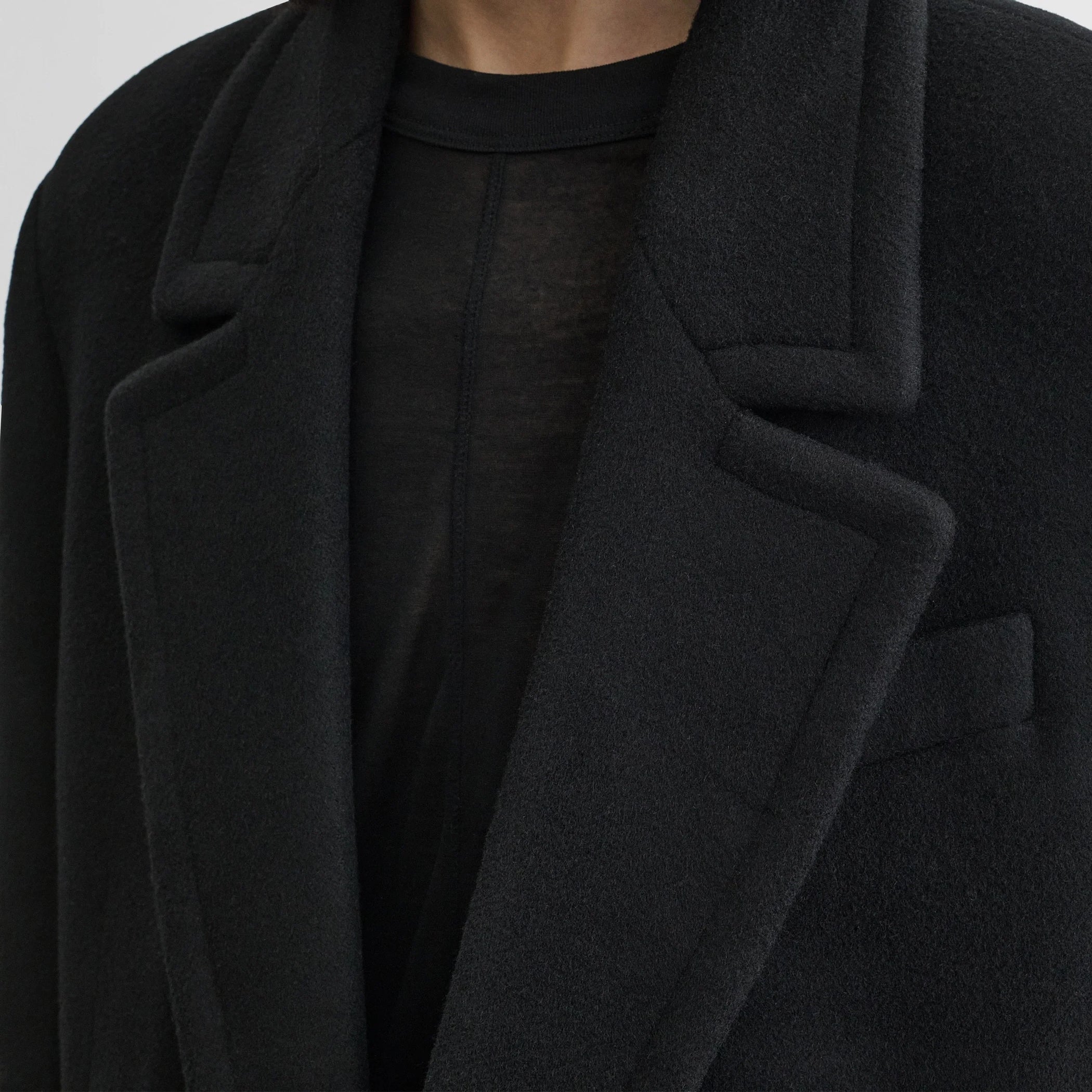 Close up detail view of classic coat in black cashmere.
