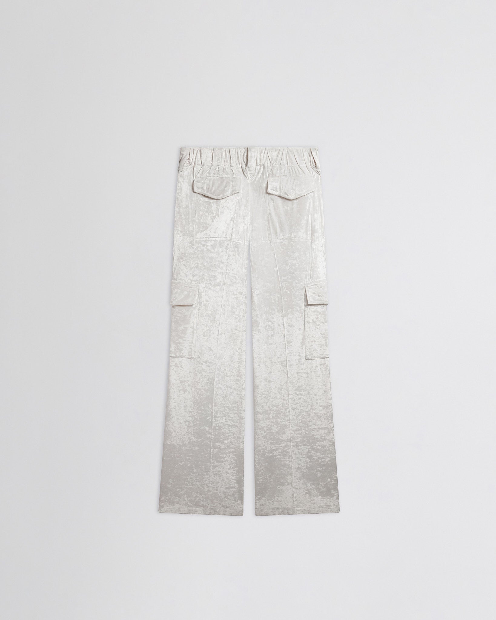 View of liquid cargo trousers in white crushed velvet