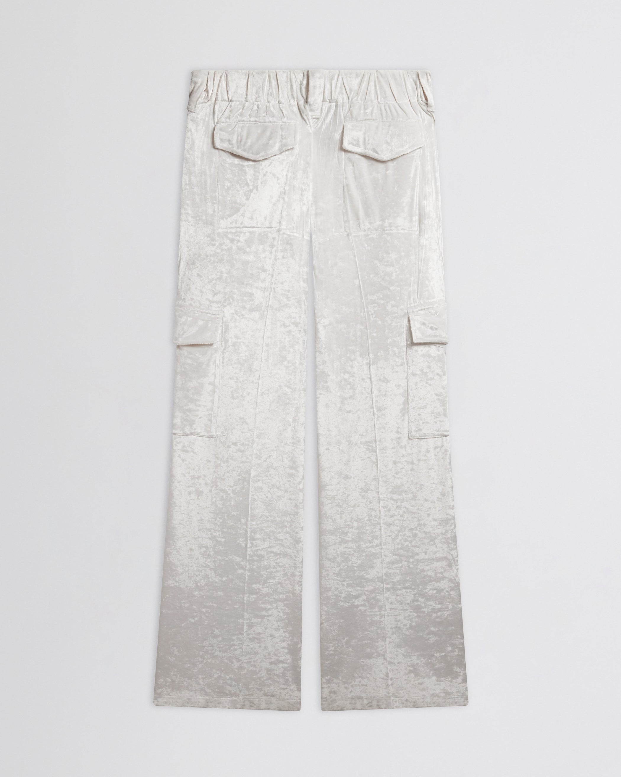 Flat back view of LIQUID CARGO TROUSERS  in white crushed velvet