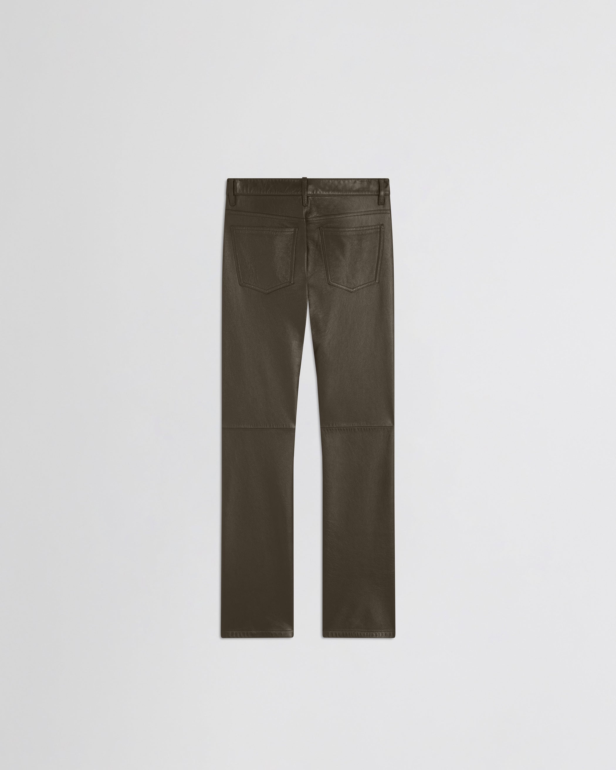 View of straight leg jeans in green bronze leather