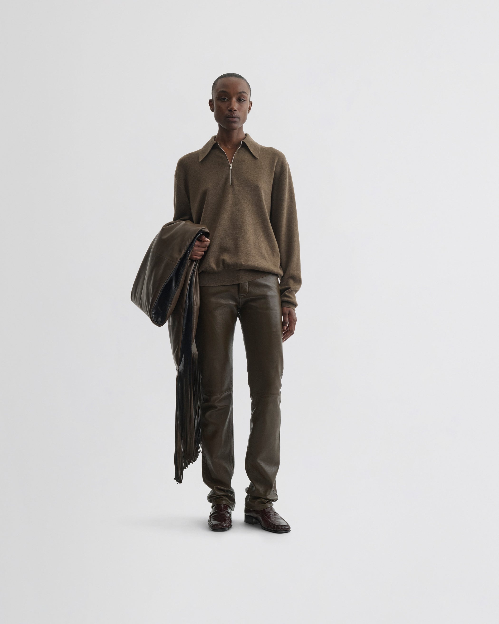 View of straight leg jeans in green bronze leather