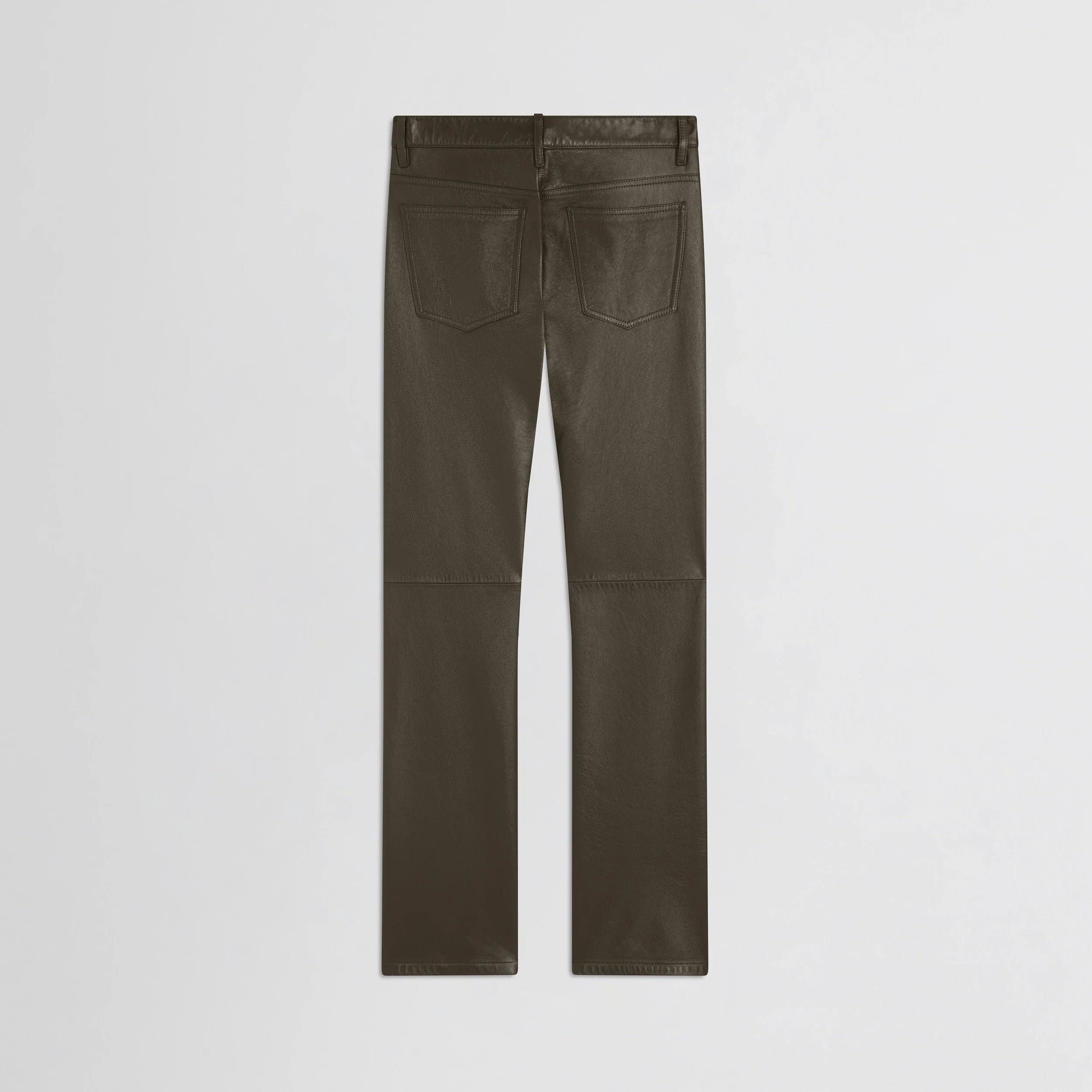 Flat back view of straight leg jeans in green bronze leather.
