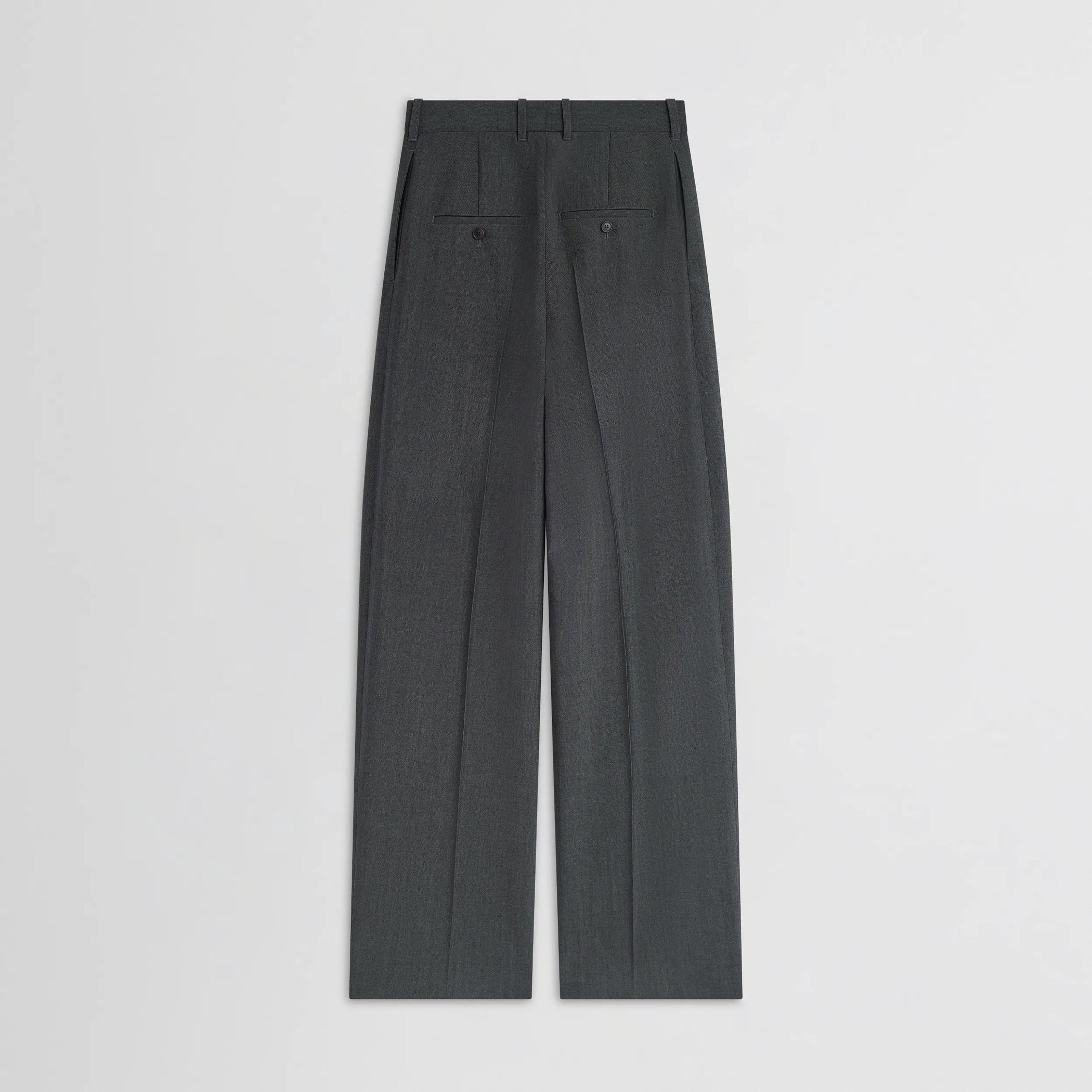 Flat back view of double pleat trousers in grey-melange wool