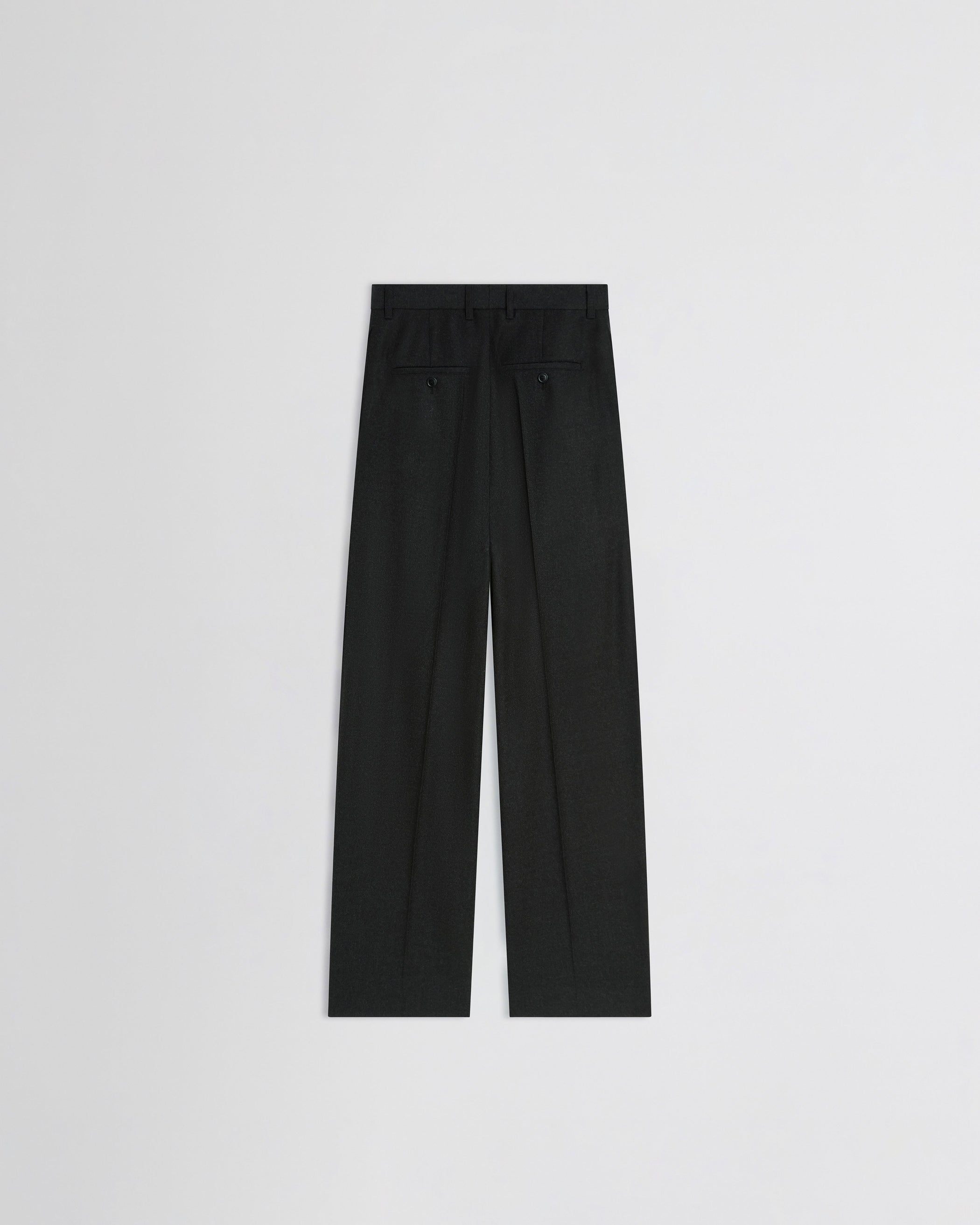 View of double pleat trousers in charcoal wool