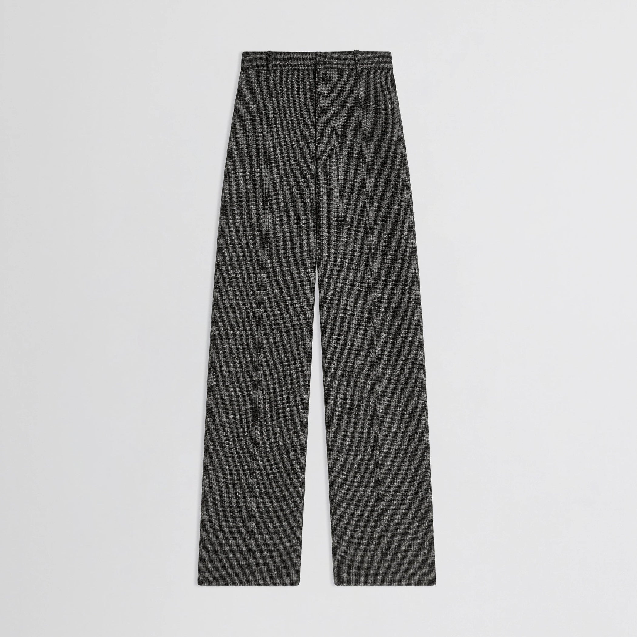 Flat front view of zip trousers in green bronze wool.