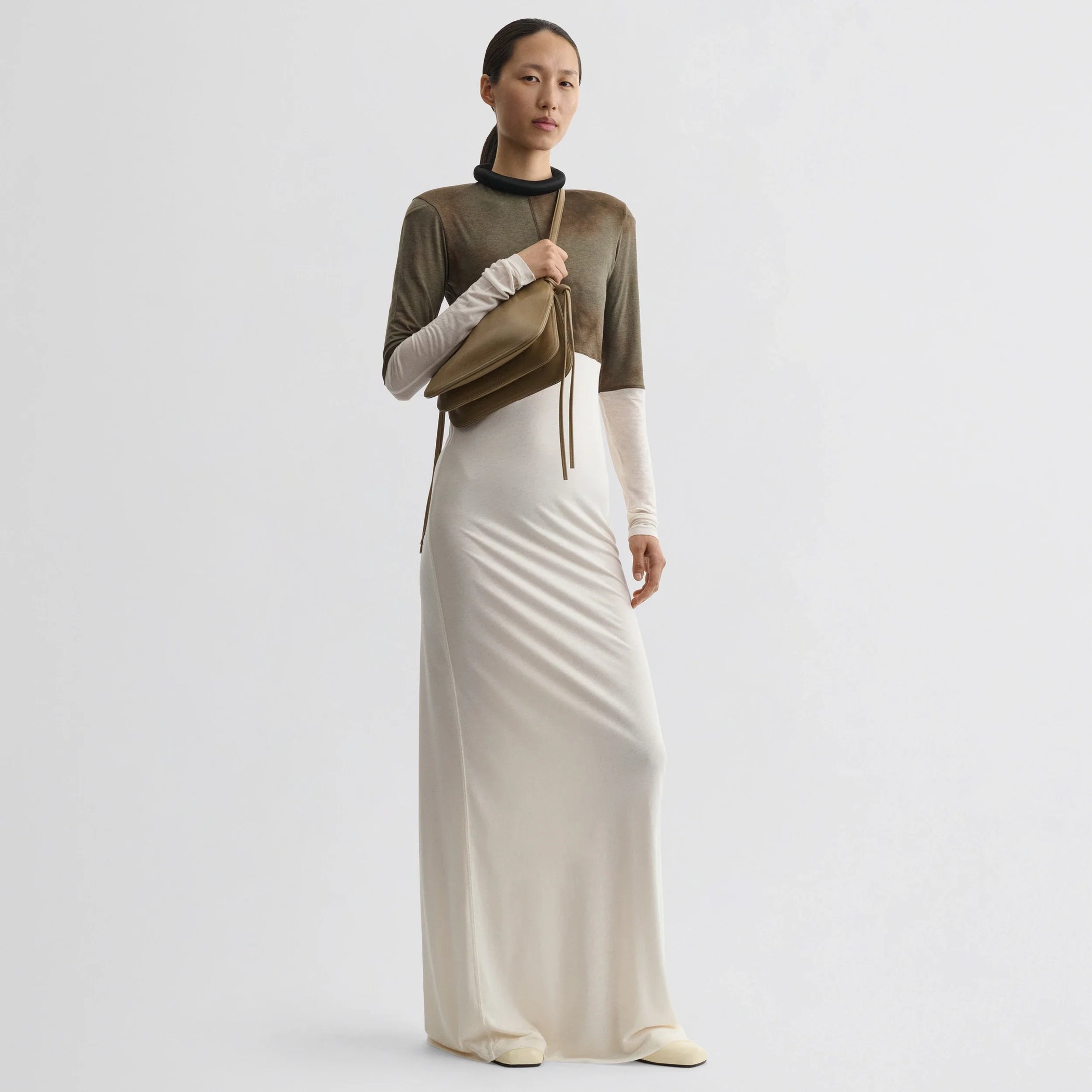 Front view of model wearing tubular liner dress in tobacco ivory cotton.