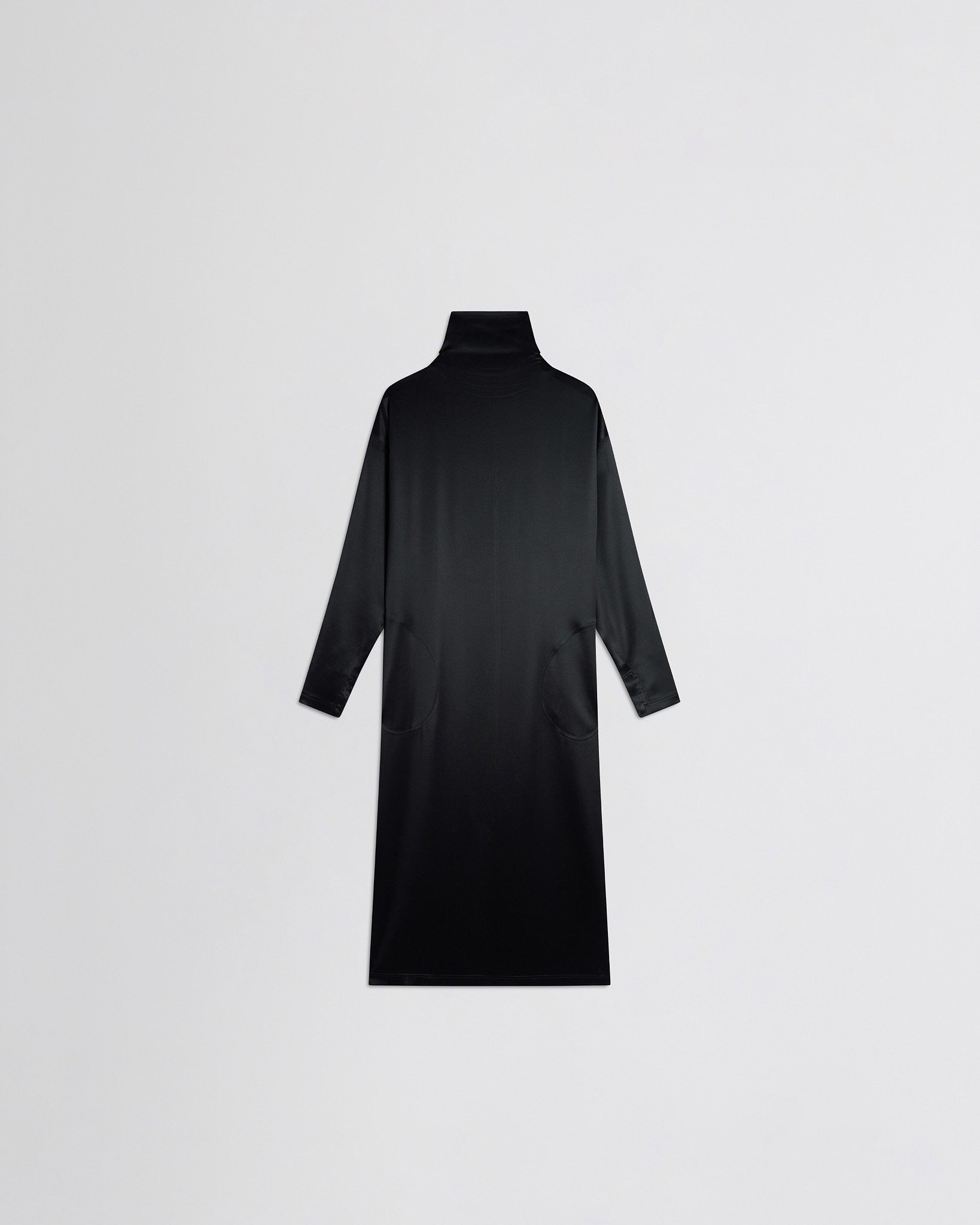 Flat front view of liquid high neck dress in black silk.