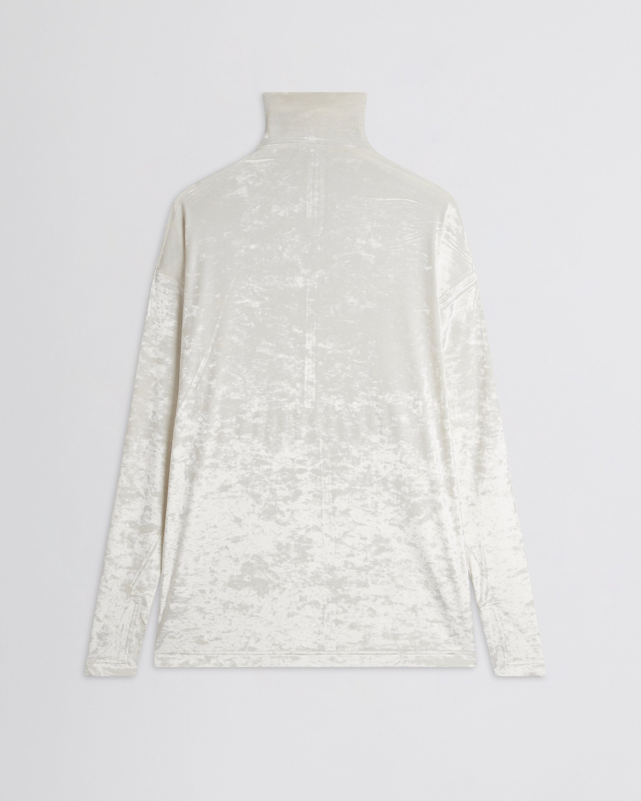 Flat front view of LIQUID HIGH NECK TOP in white crushed velvet