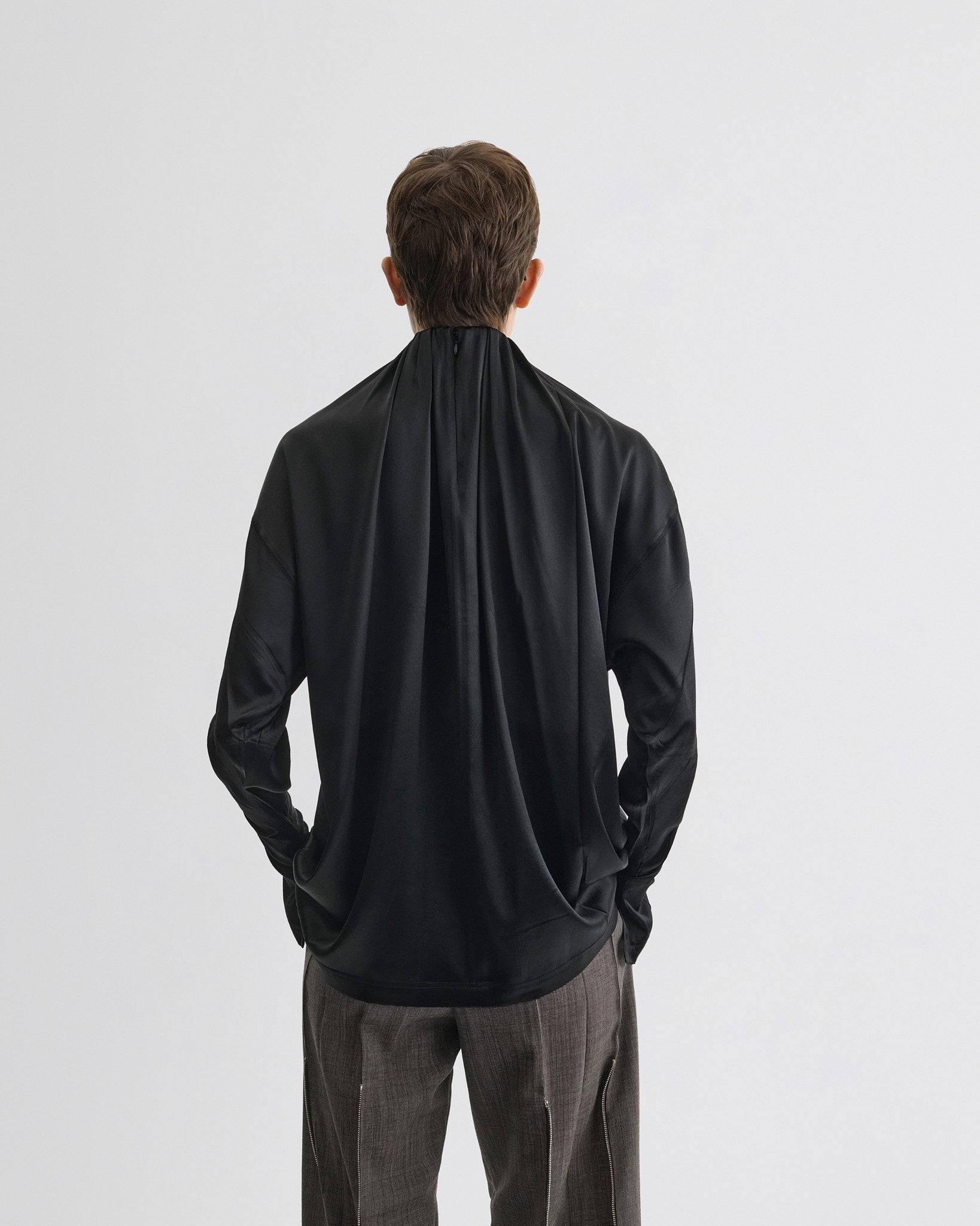 View of liquid soft ridge top in black silk