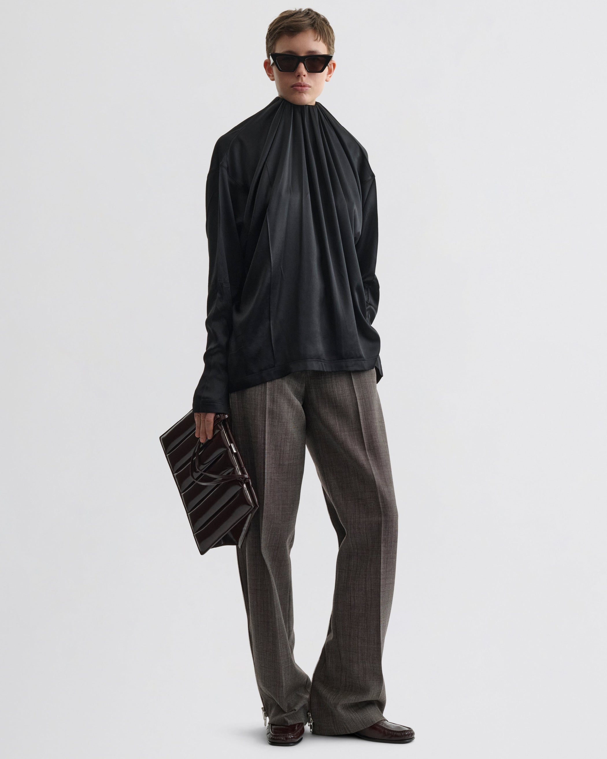 Front view of LIQUID SOFT RIDGE TOP in black silk