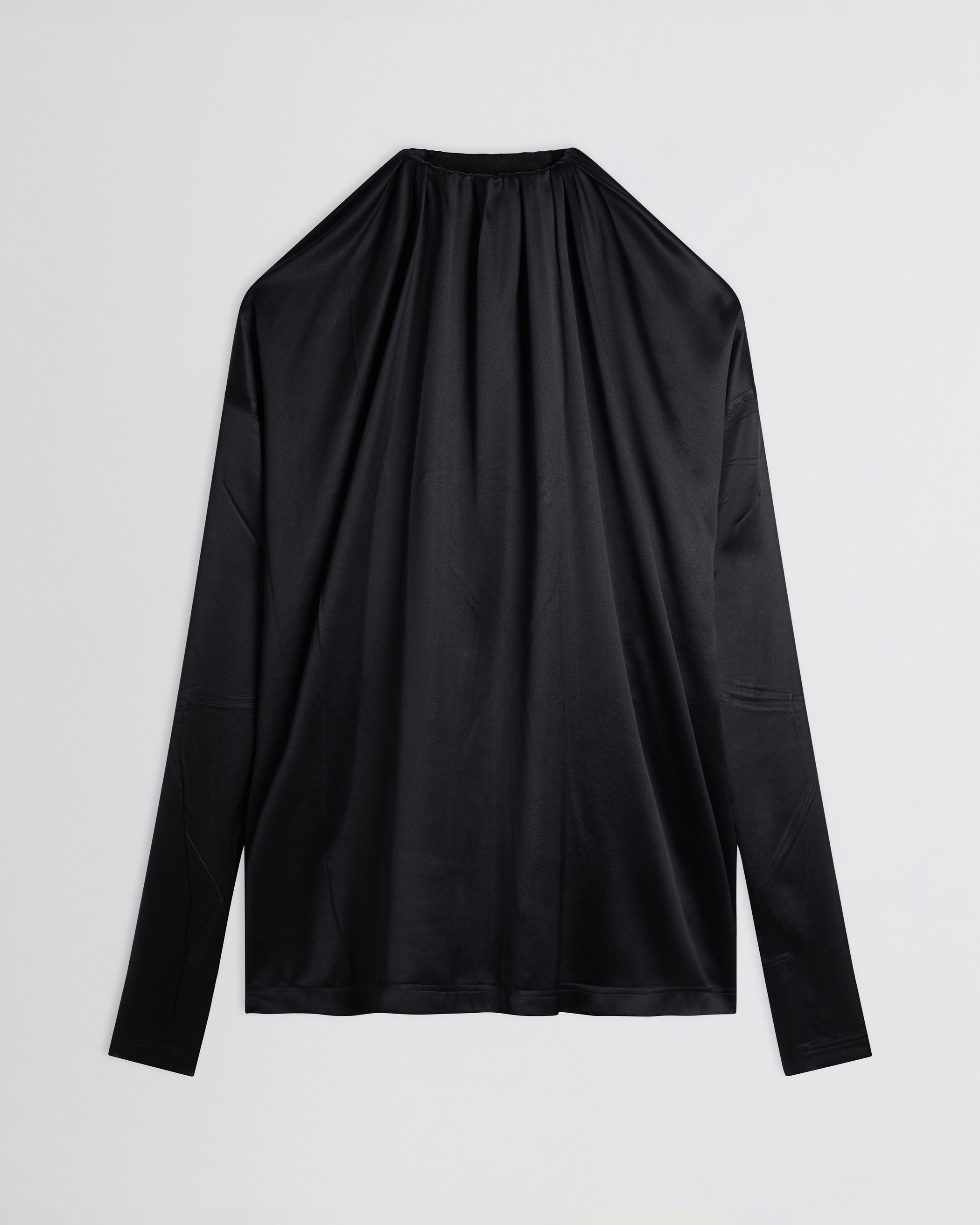 Flat front view of LIQUID SOFT RIDGE TOP in black silk