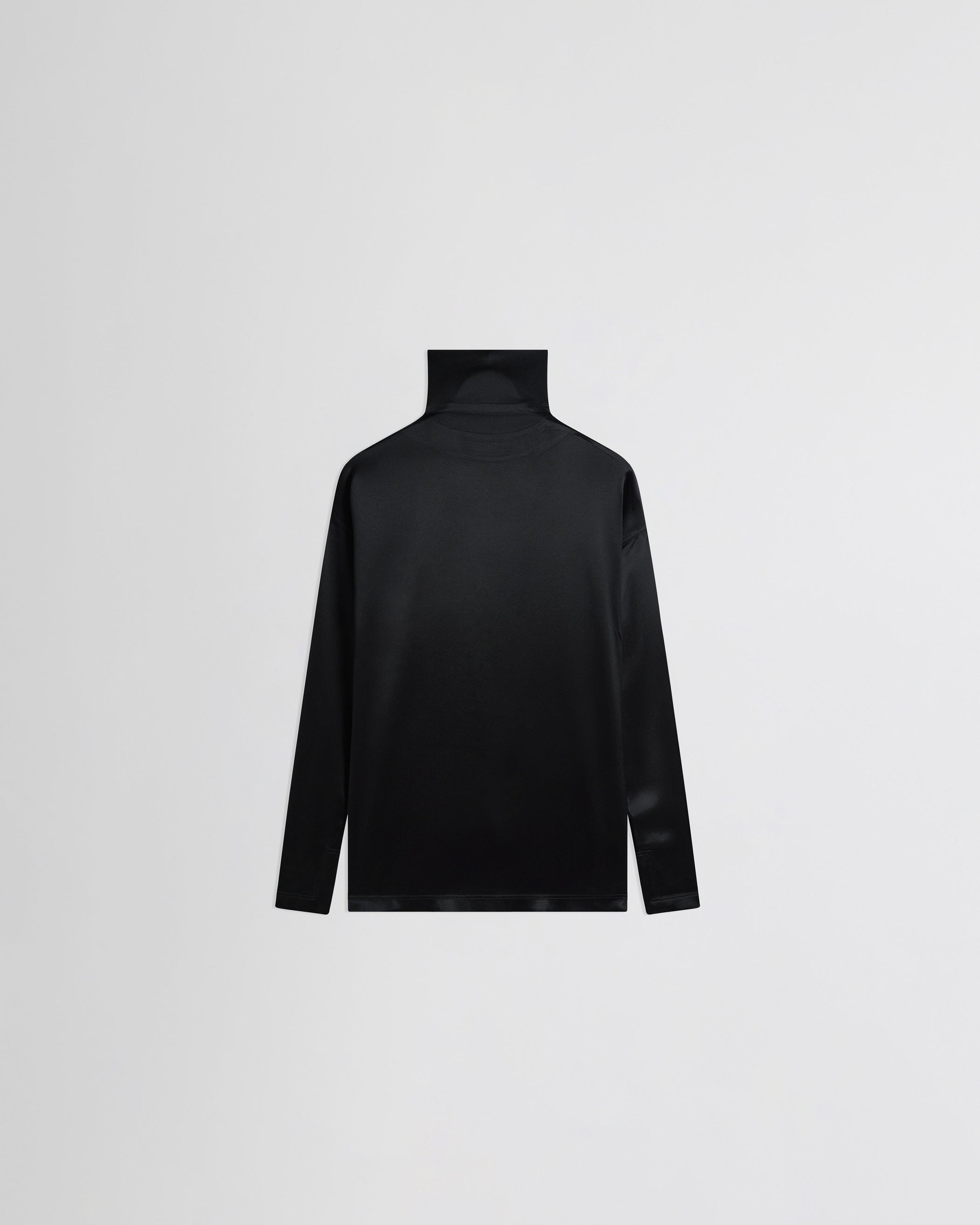 Flat front view of LIQUID KNOT COLLAR TOP in black silk