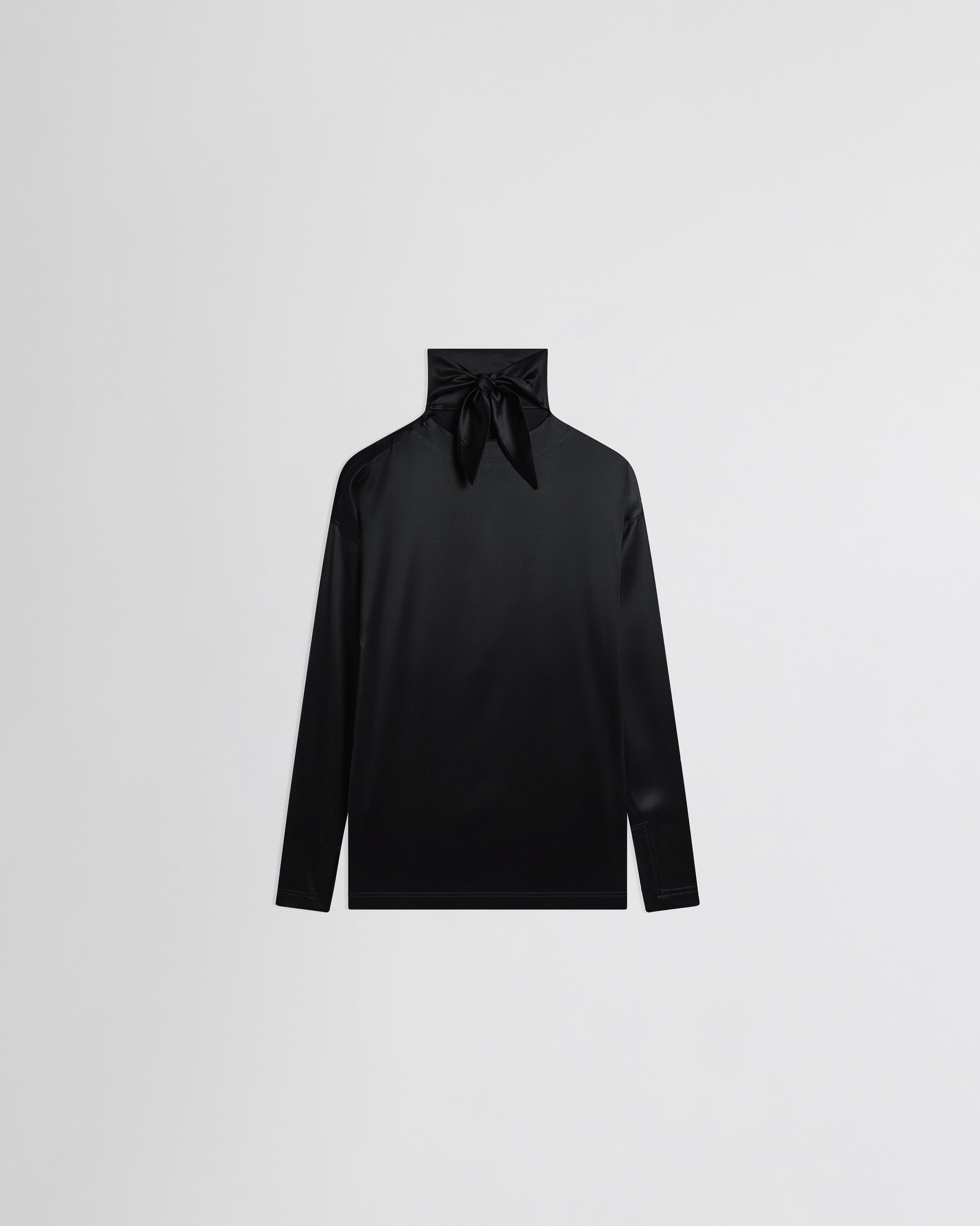Flat back view of LIQUID KNOT COLLAR TOP in black silk