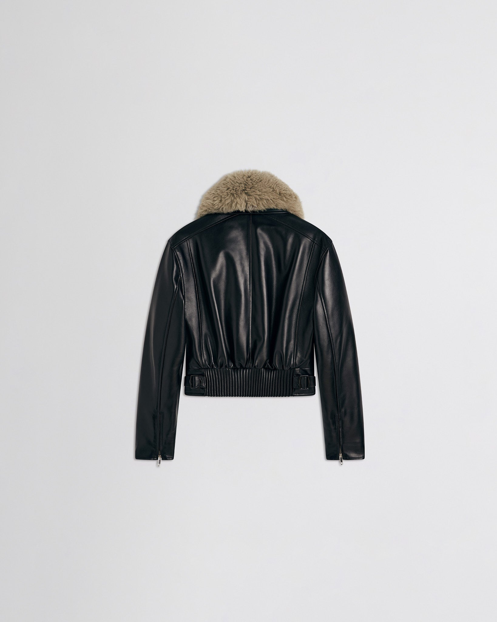 Flat back view of cropped aviator jacket in black leather