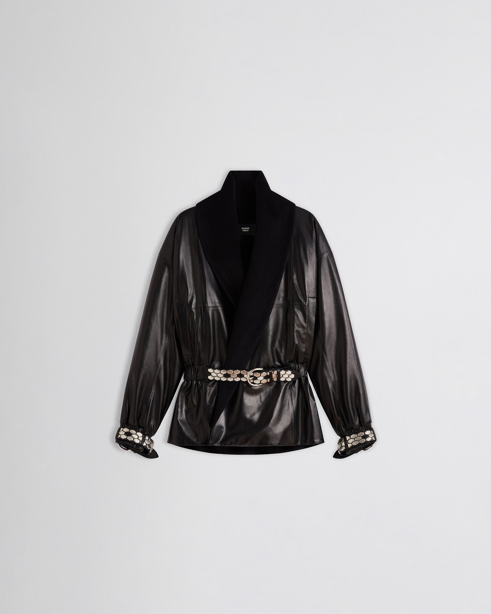 Flat front view of Stud Jacket in black leather