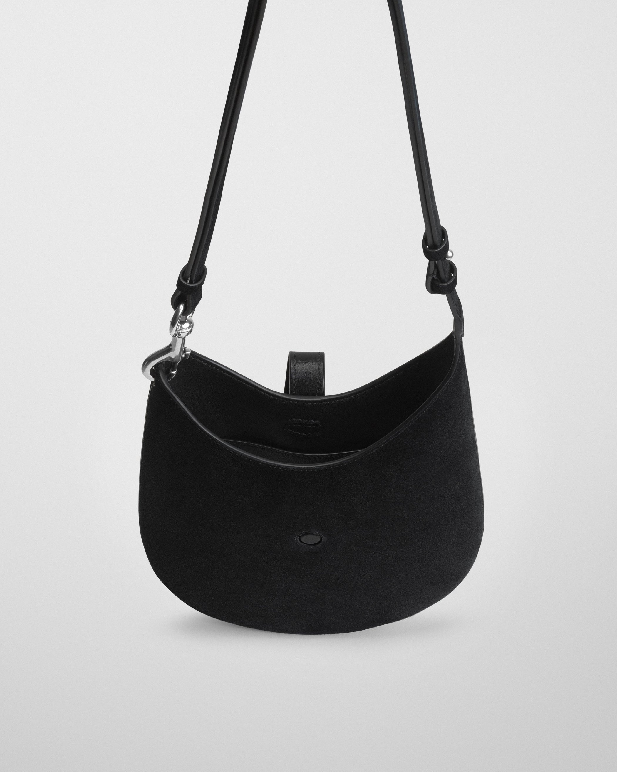 Close up detail view of MINI BEAN SLING in black suede