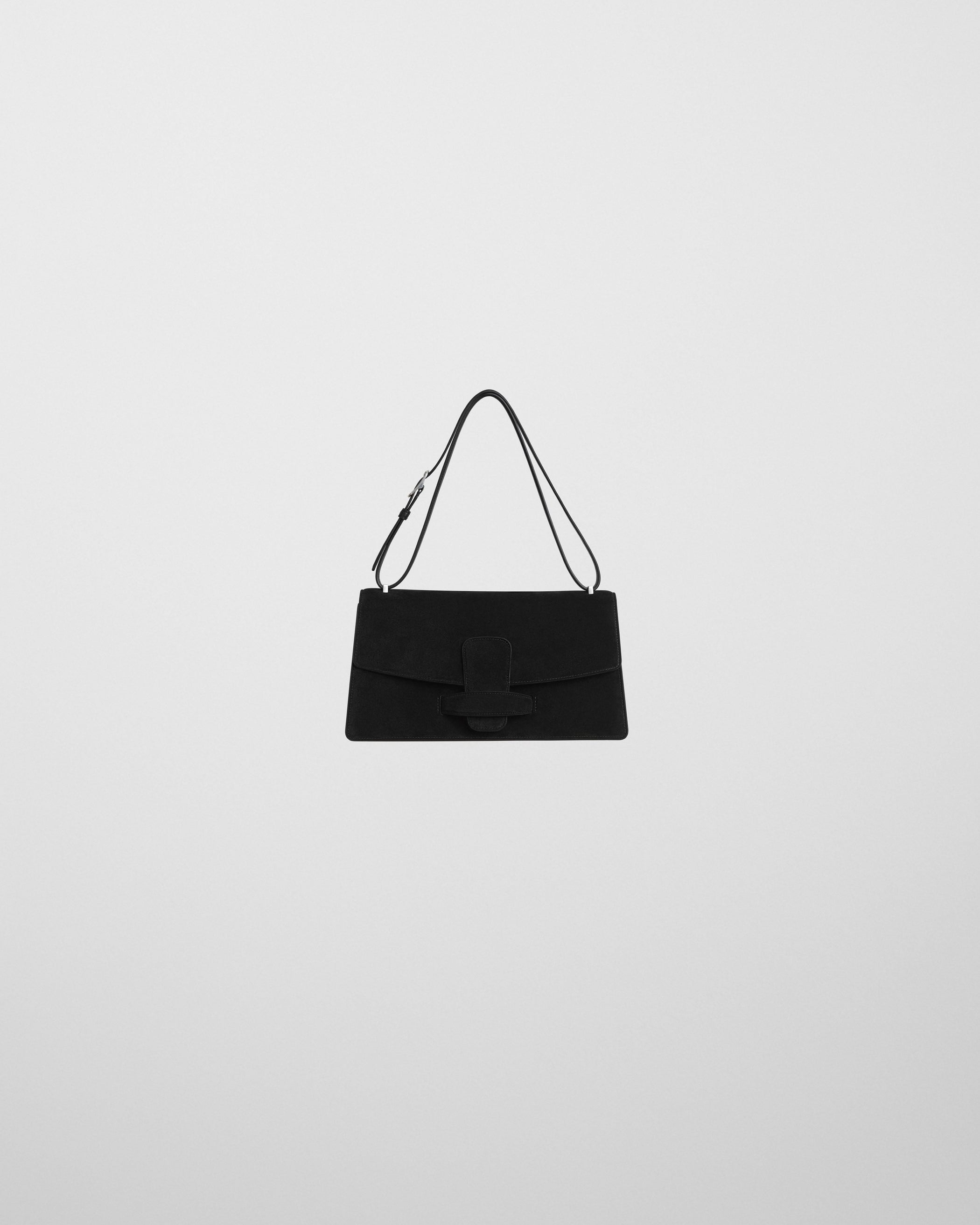 Flat front view of BAR BAG in black suede