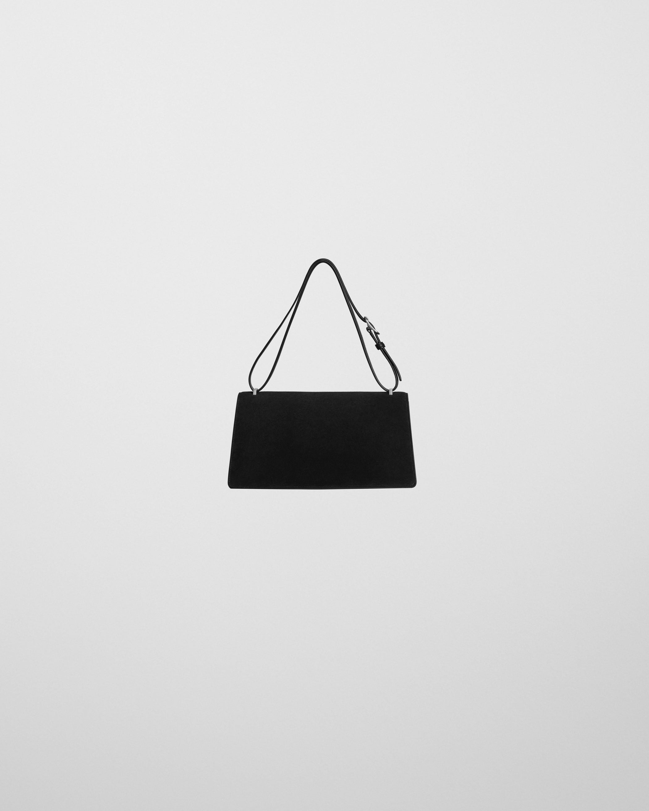 Flat back view of BAR BAG in black suede