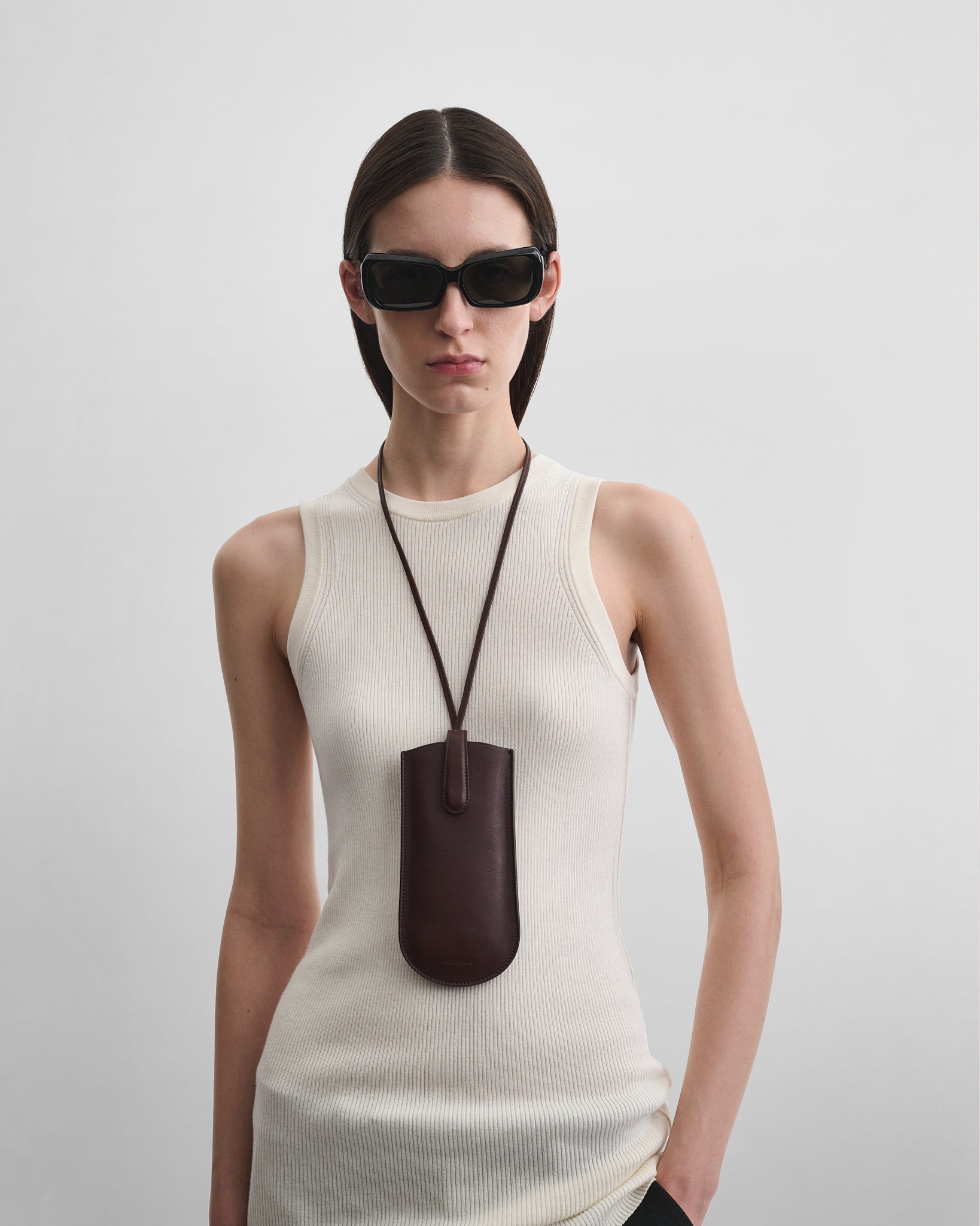 View of GLASSES POUCH in oxblood leather