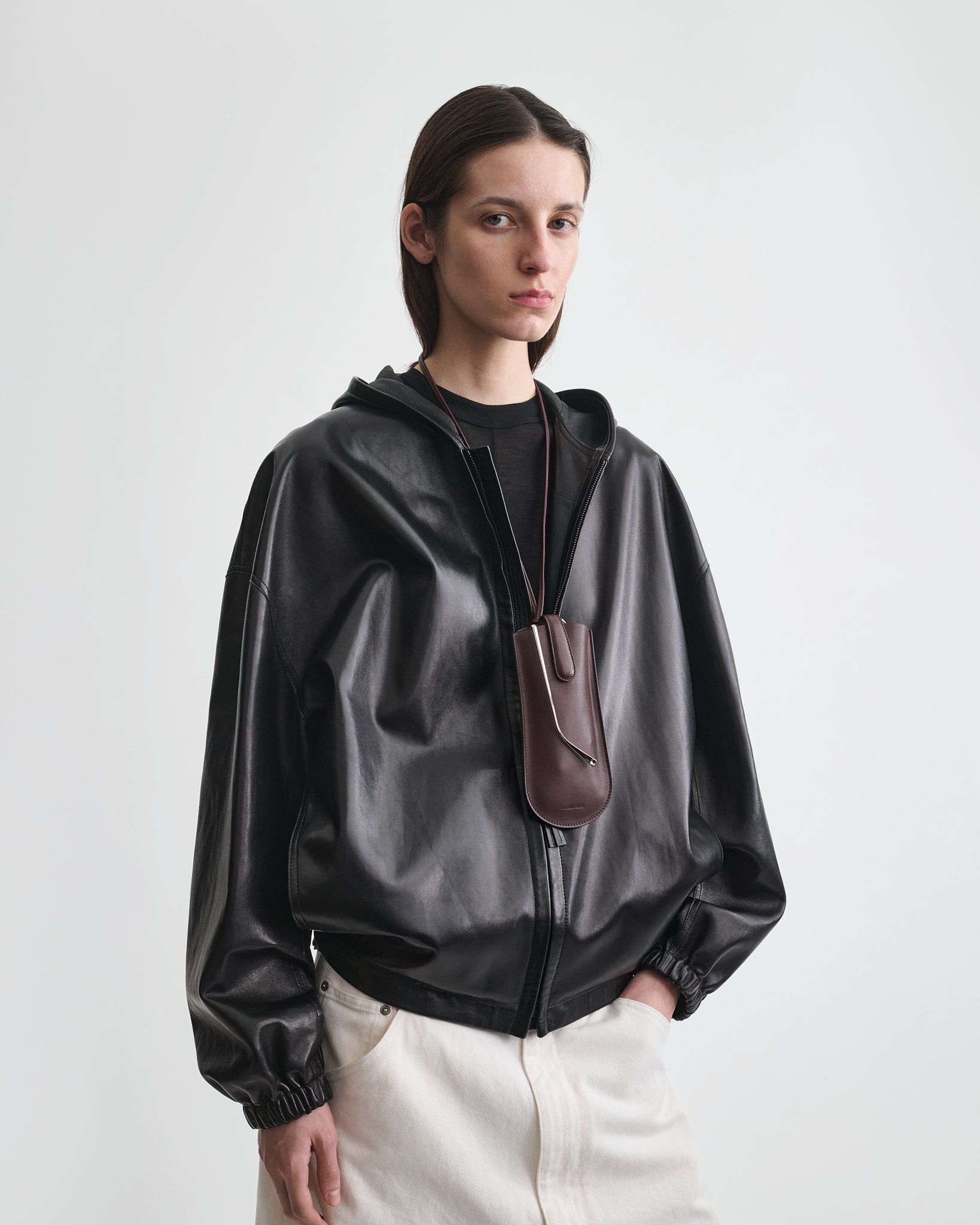 View of GLASSES POUCH in oxblood leather